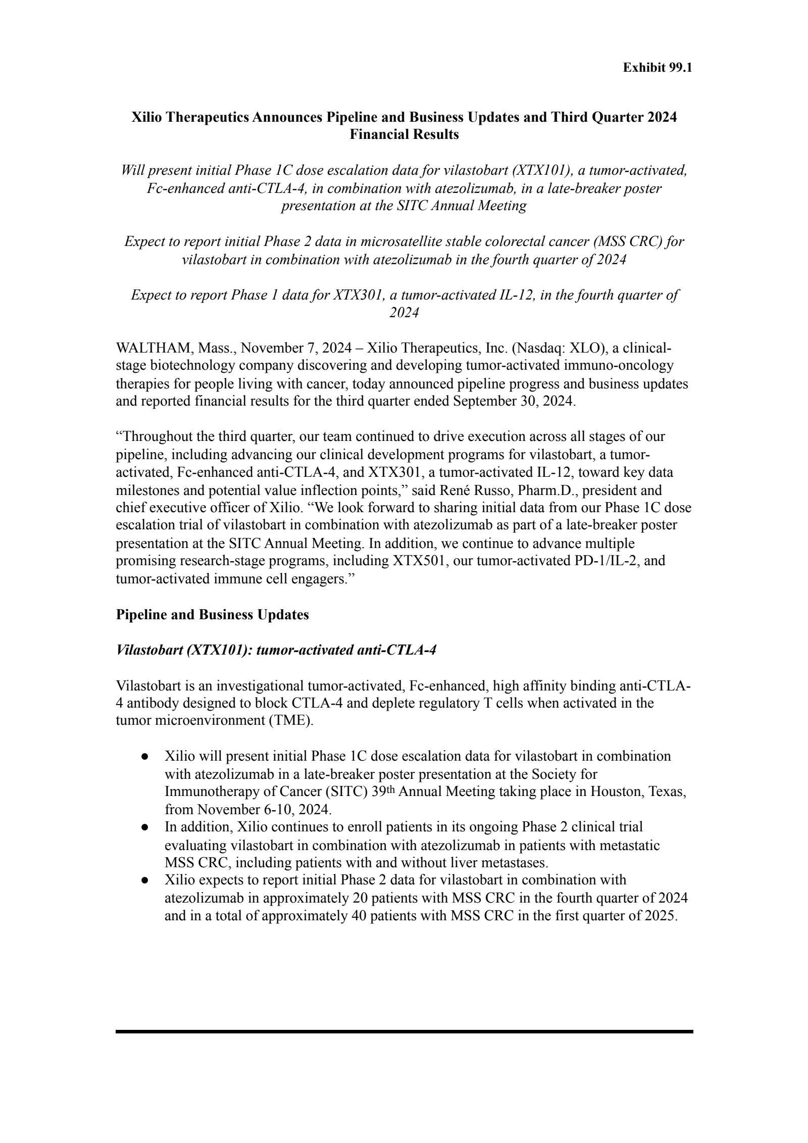 Xilio Therapeutics' Q3 2024 Press Release