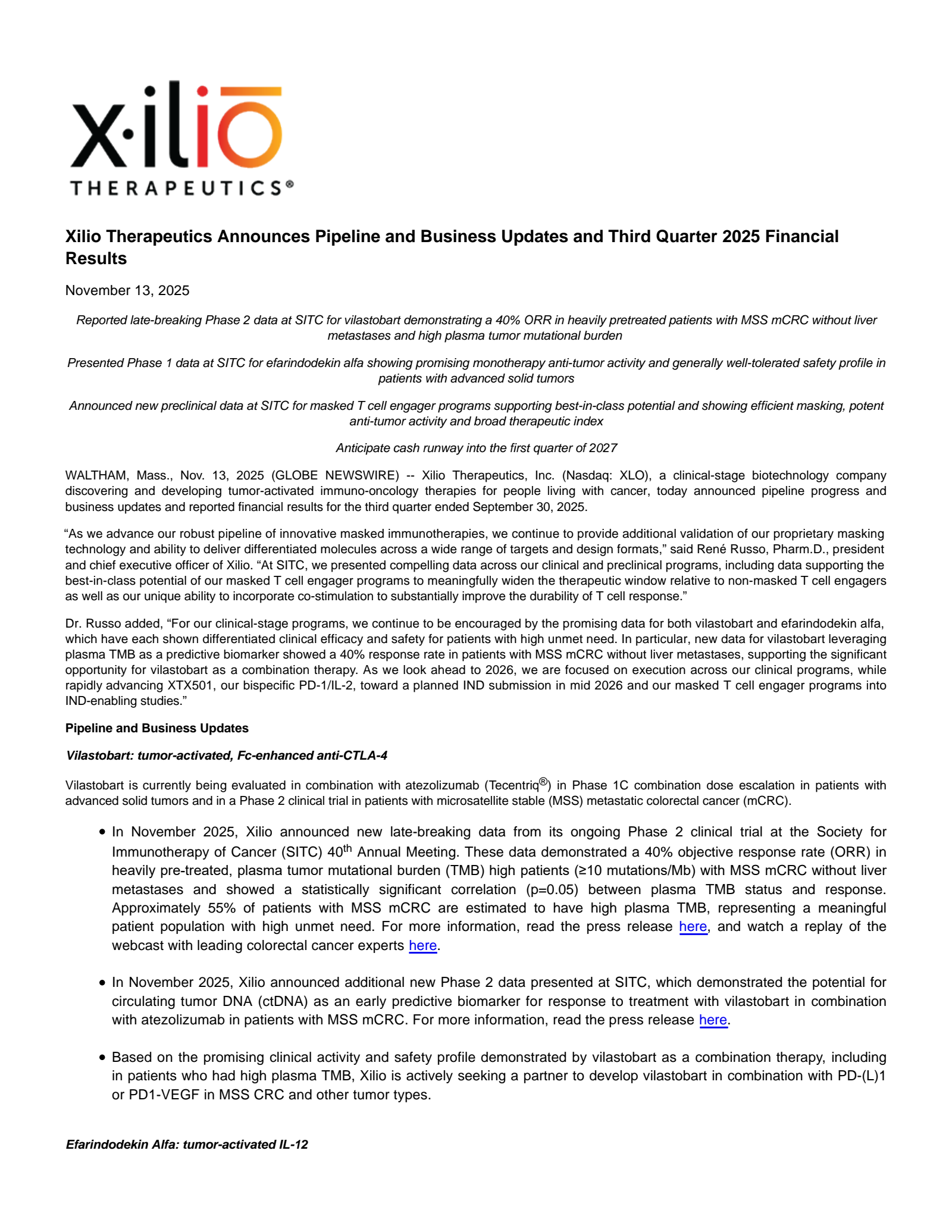 Xilio Therapeutics' Q3 2025 Earnings Release