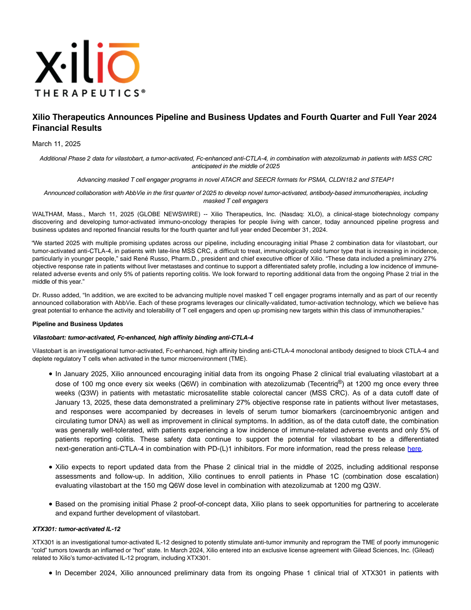 Xilio Therapeutics' Q4 2024 Press Release