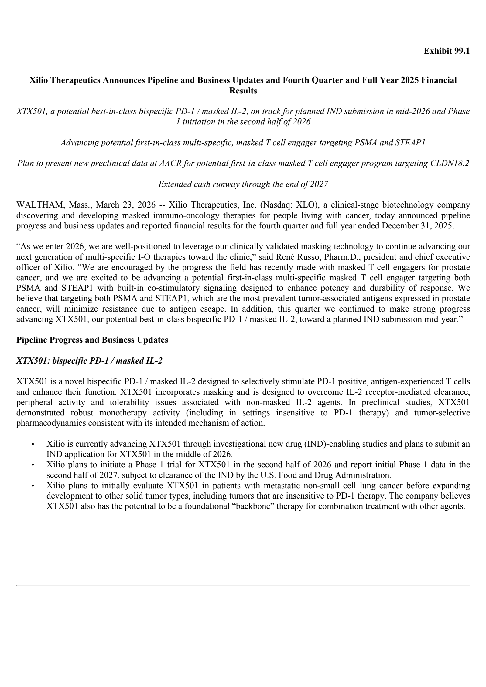 Xilio Therapeutics' Q4 2025 Press Release