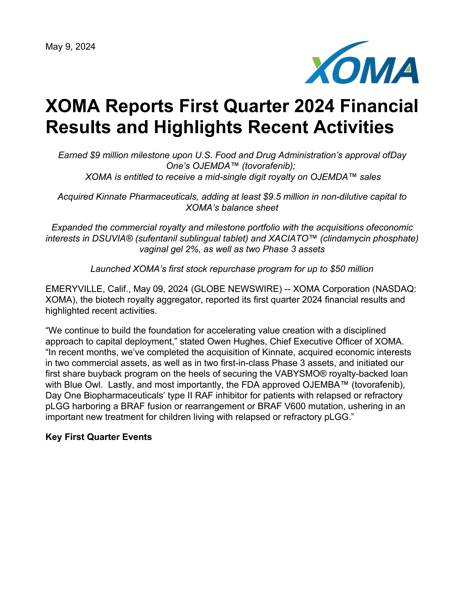 XOMA's Q1 2024 Press Release