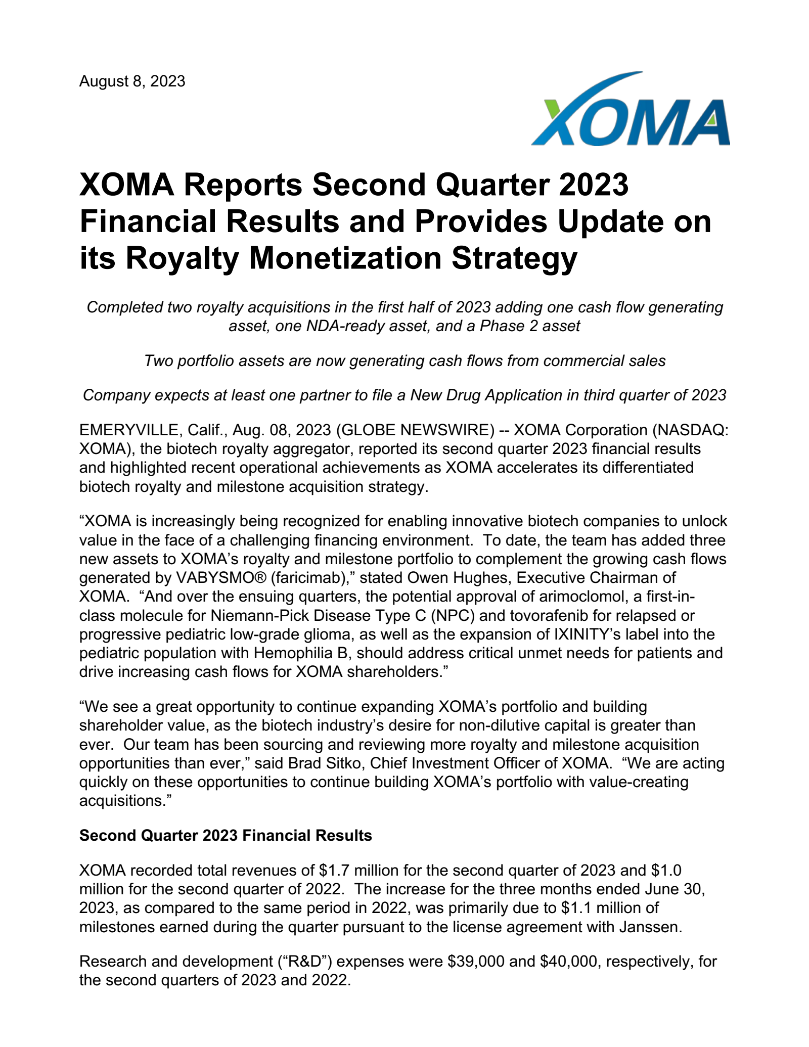 XOMA's Q2 2023 Press Release