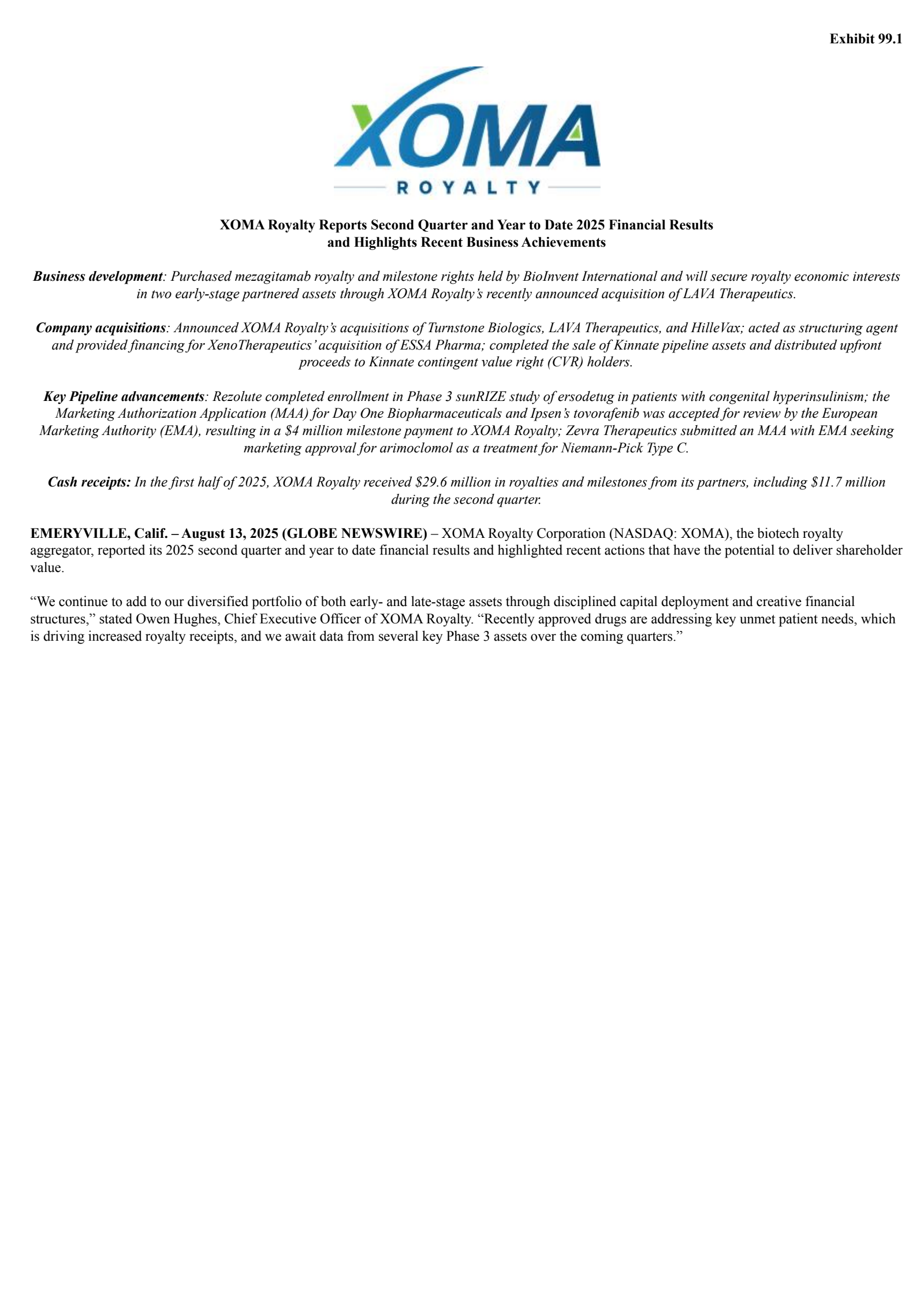 XOMA Royalty's Q2 2025 Press Release