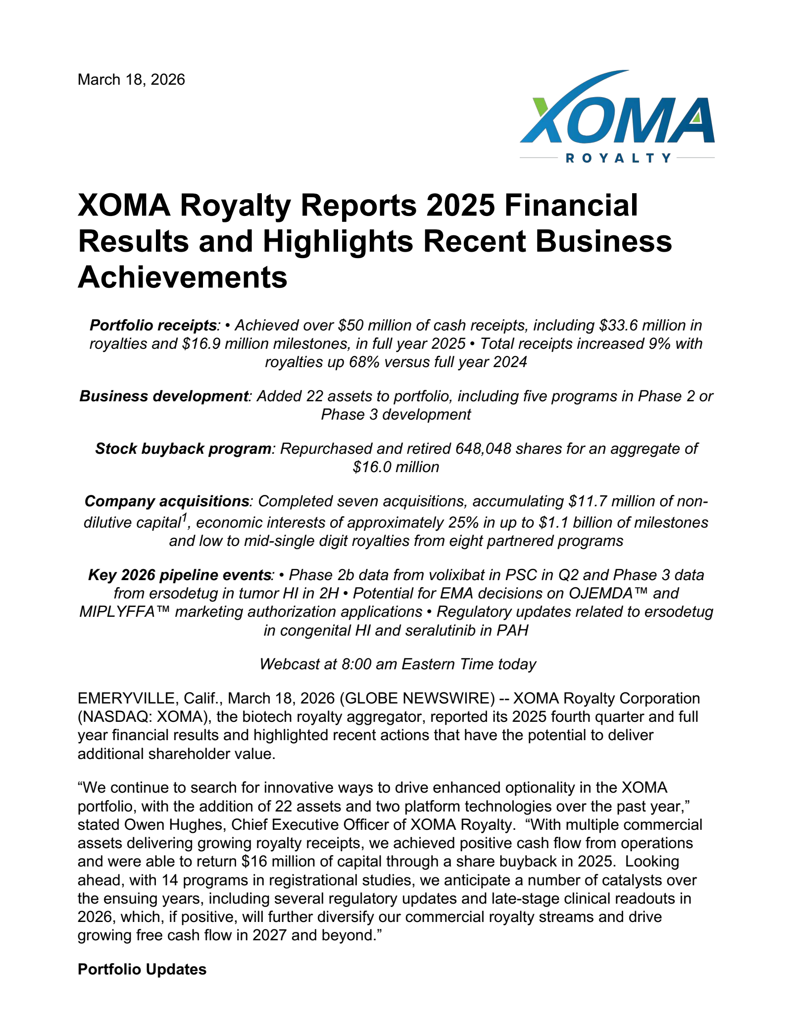 XOMA Royalty's Q4 2025 Press Release