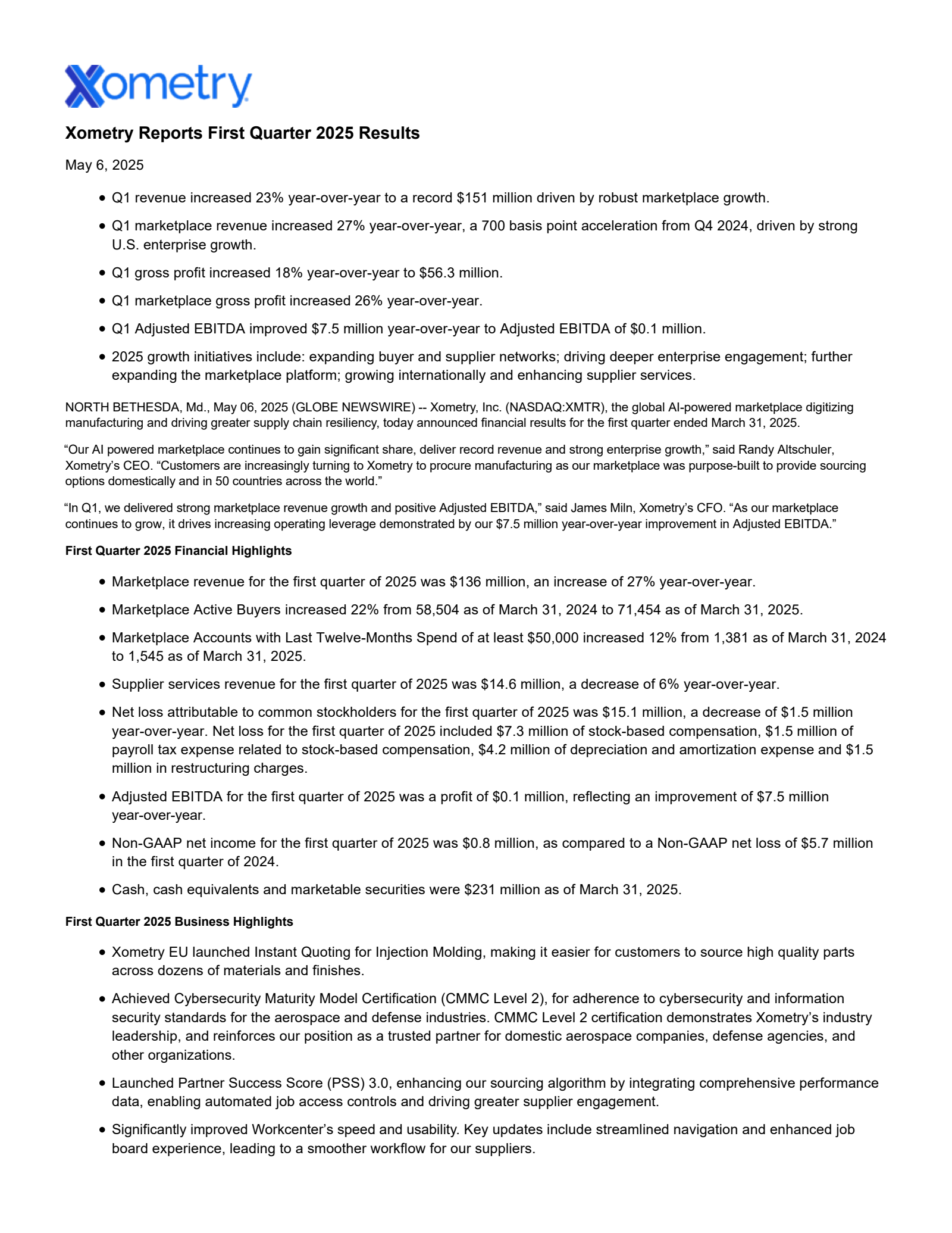 Xometry's Q1 2025 Press Release