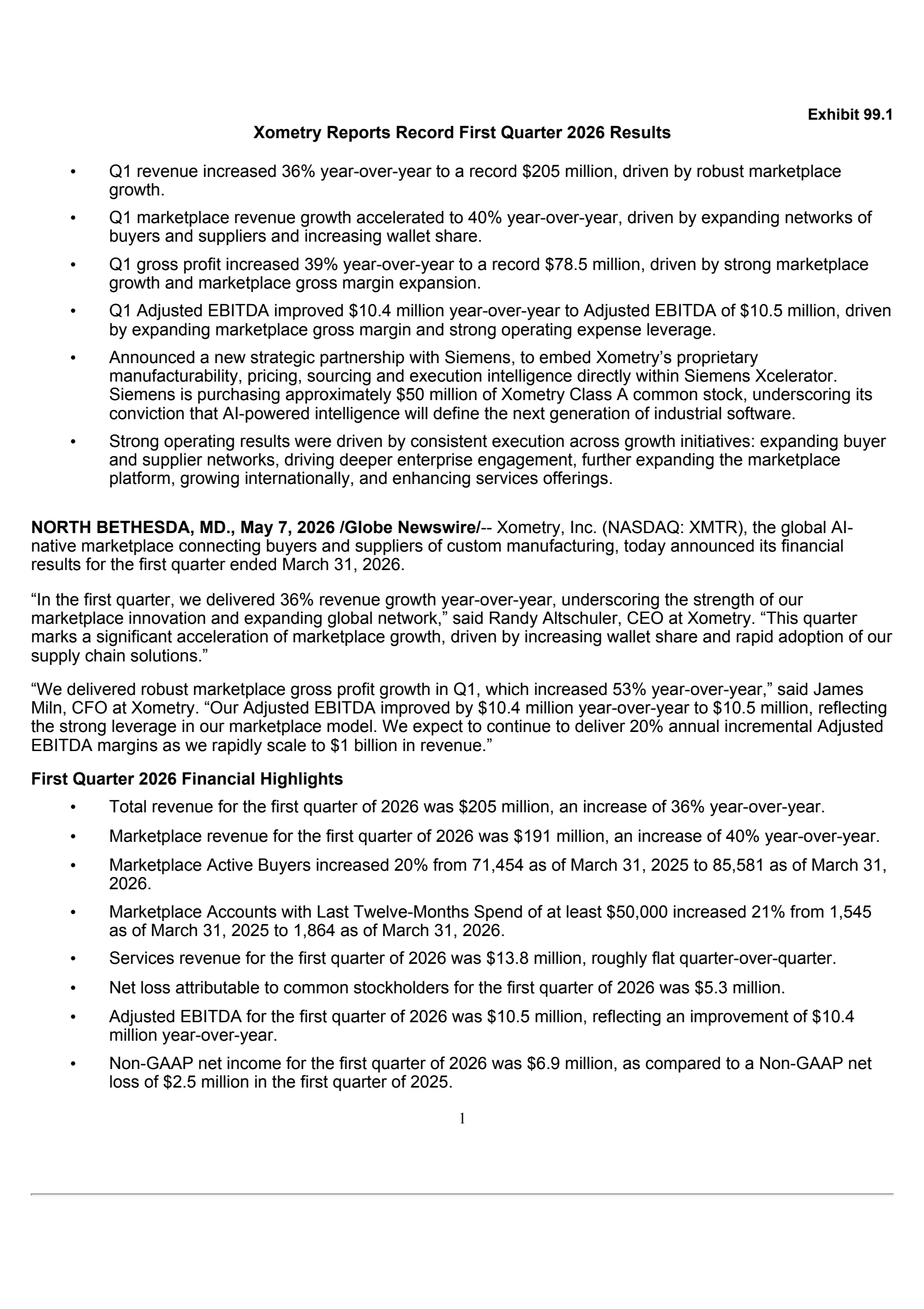 Xometry's Q1 2026 Press Release