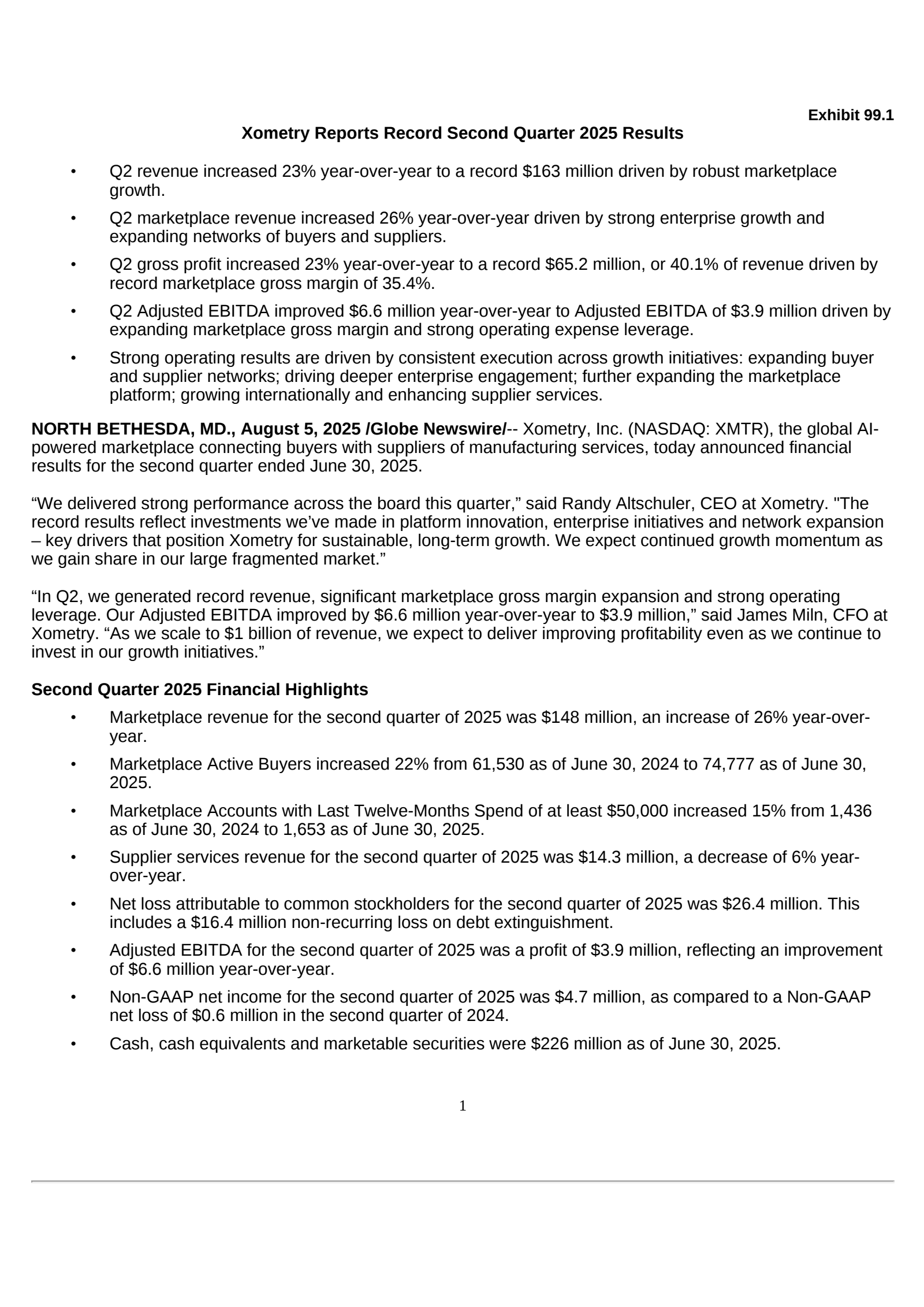 Xometry's Q2 2025 Press Release