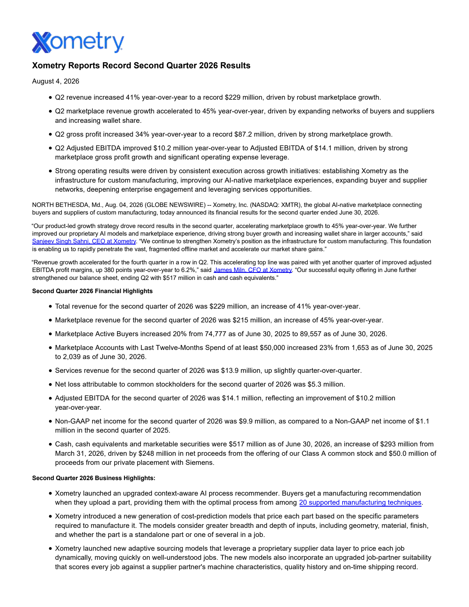 Xometry's Q2 2026 Press Release
