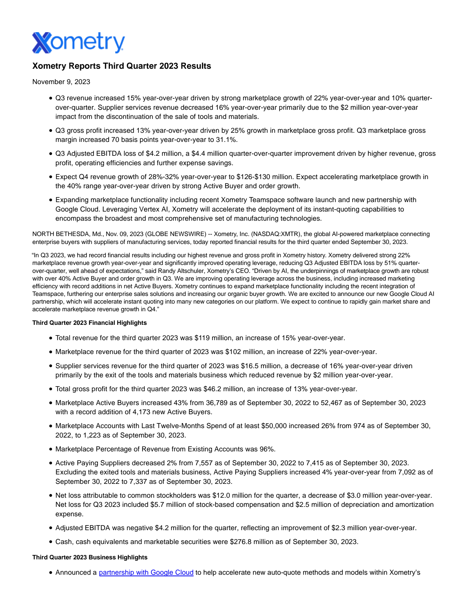 Xometry's Q3 2023 Press Release
