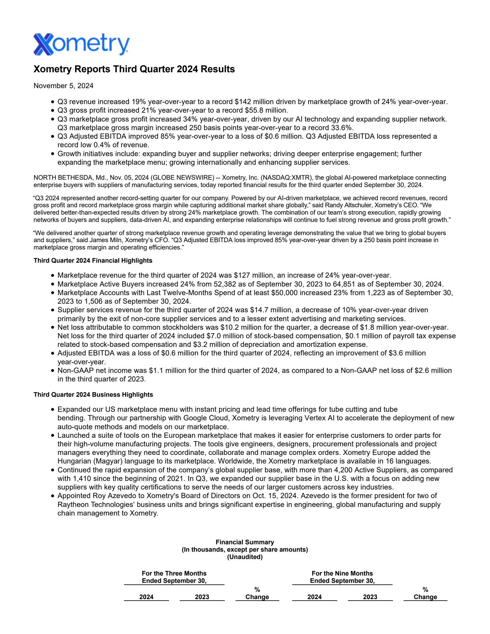 Xometry's Q3 2024 Press Release