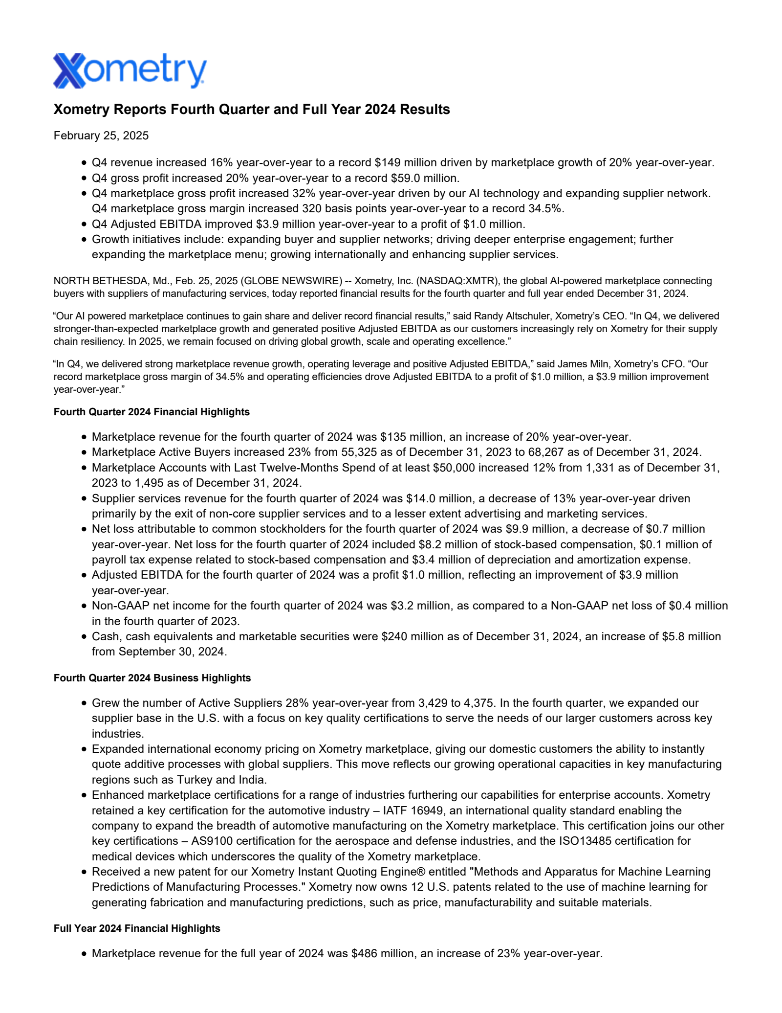 Xometry's Q4 2024 Press Release