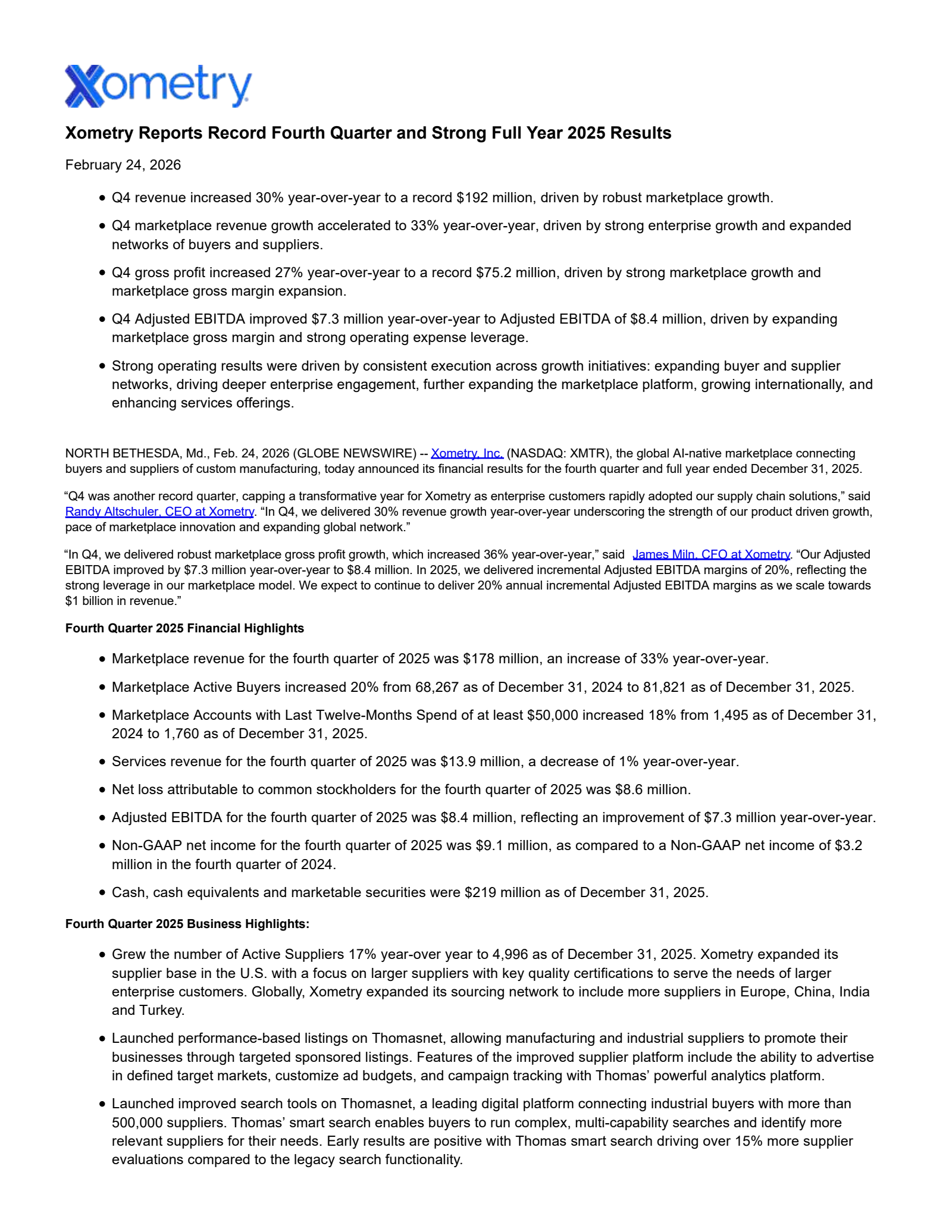 Xometry's Q4 2025 Press Release