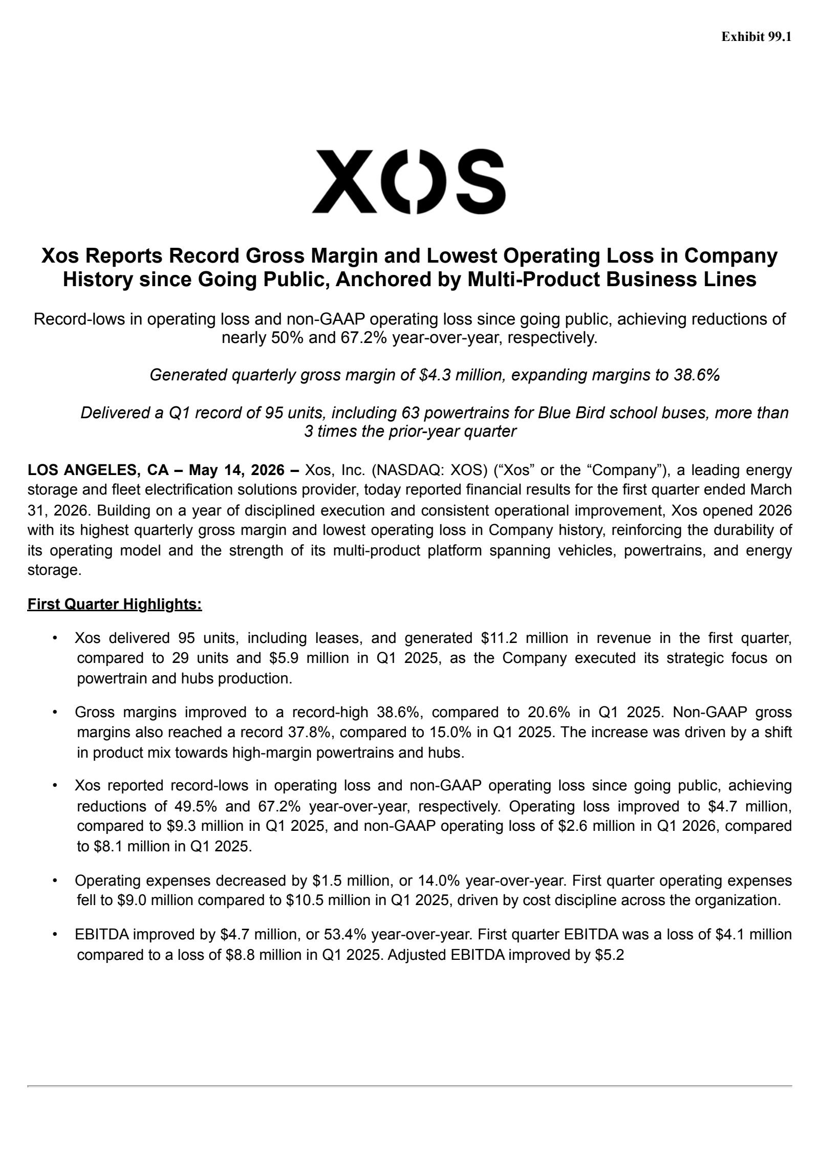 XOS's Q1 2026 Press Release