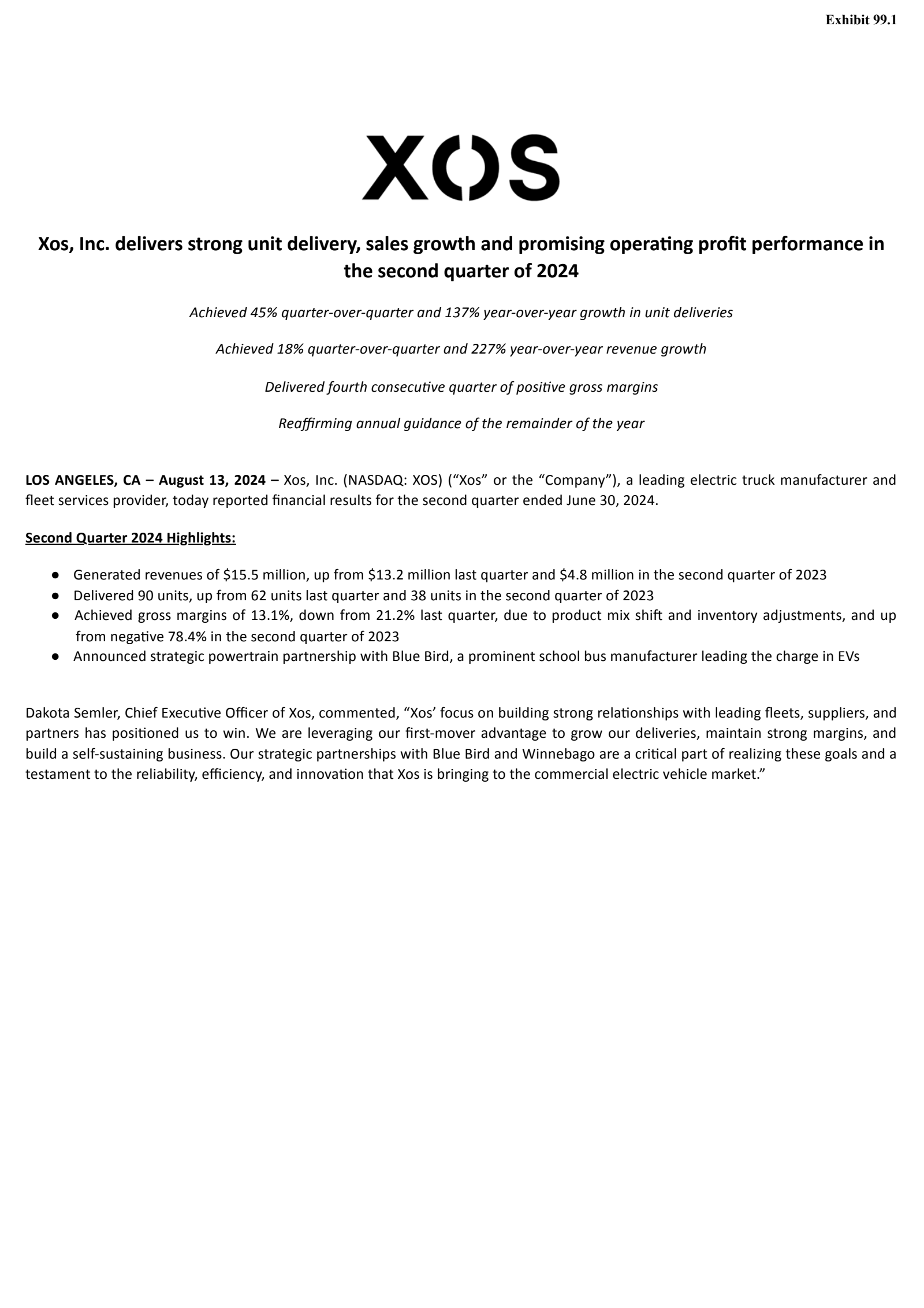 XOS's Q2 2024 Press Release