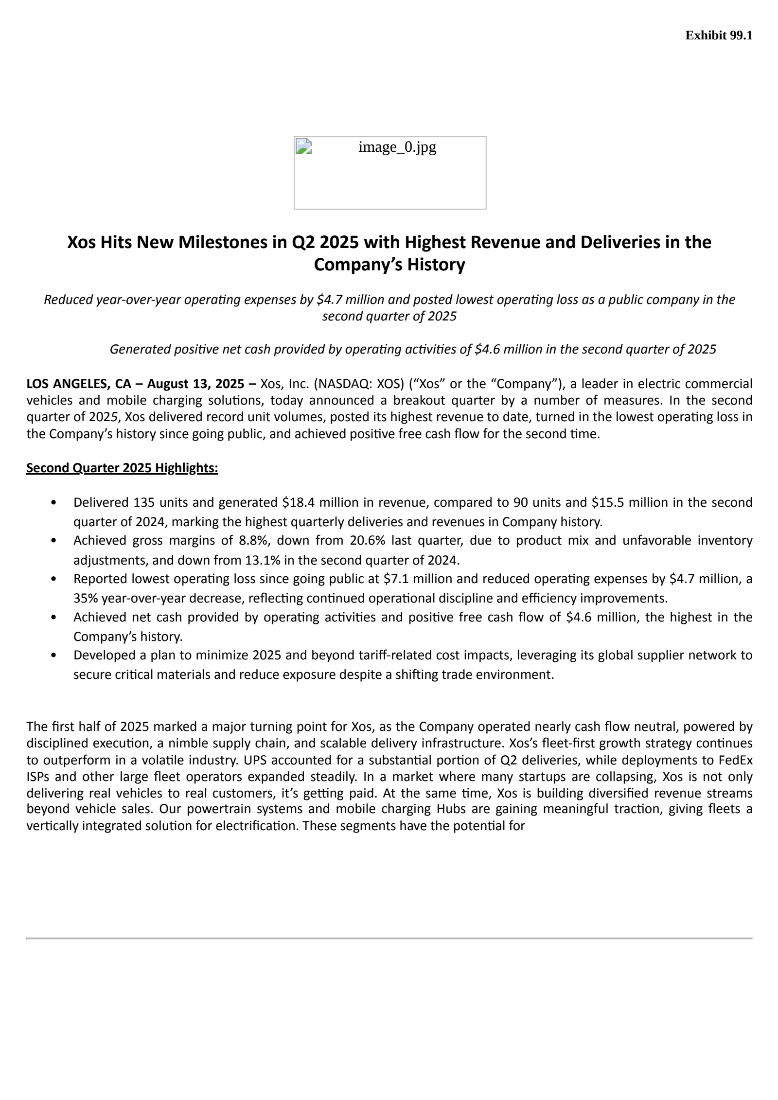 XOS's Q2 2025 Press Release