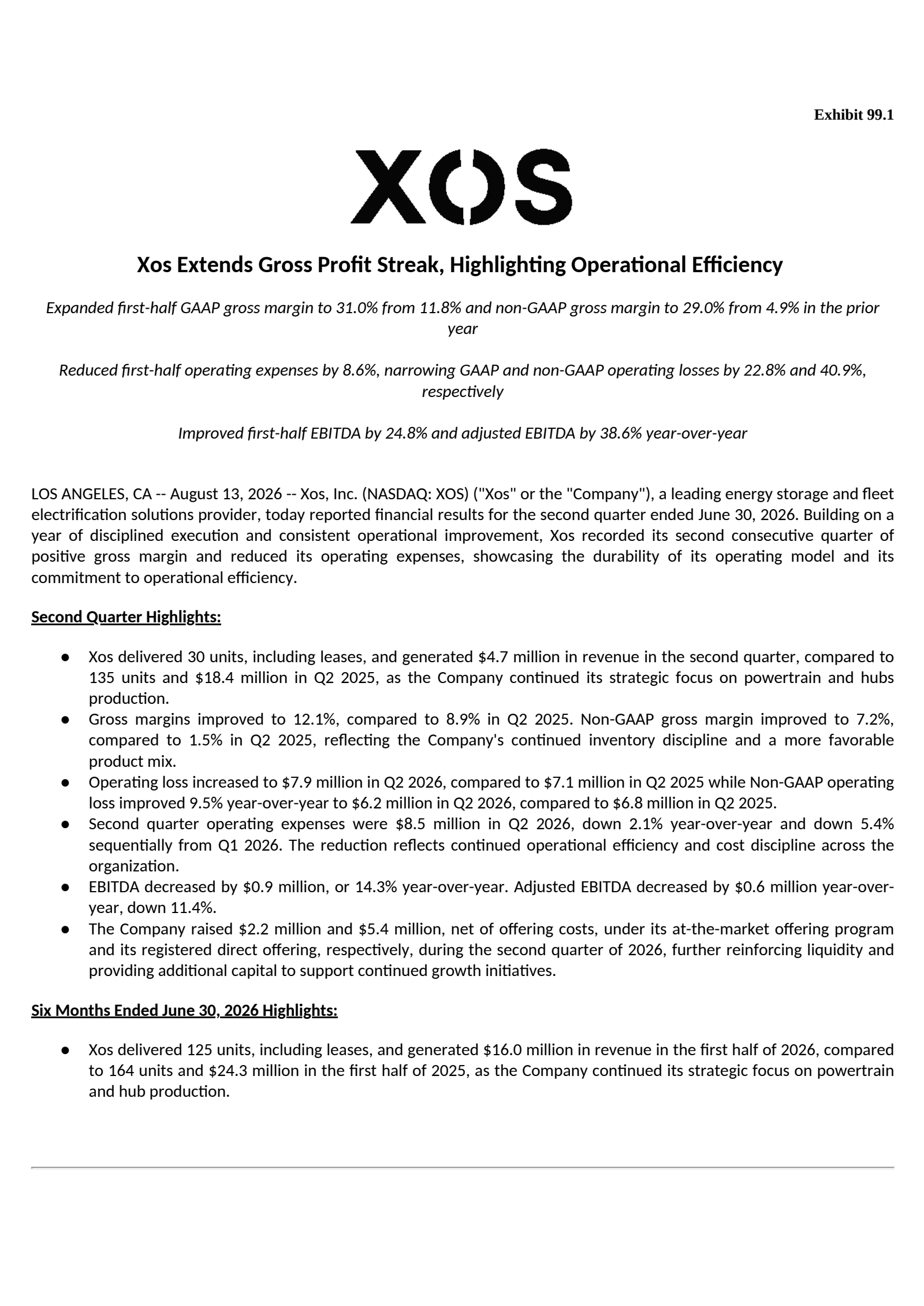 XOS's Q2 2026 Press Release