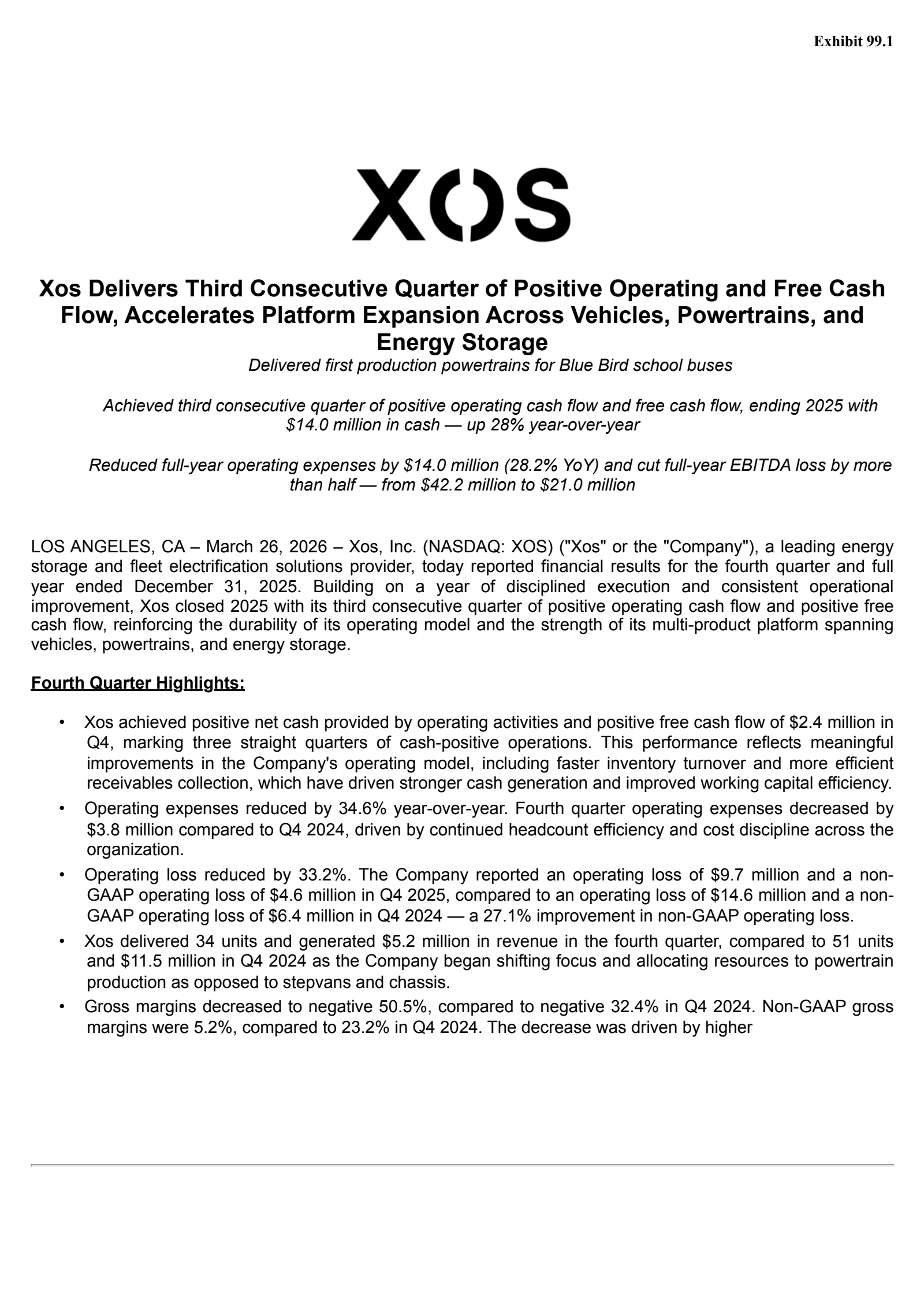 XOS's Q4 2025 Press Release