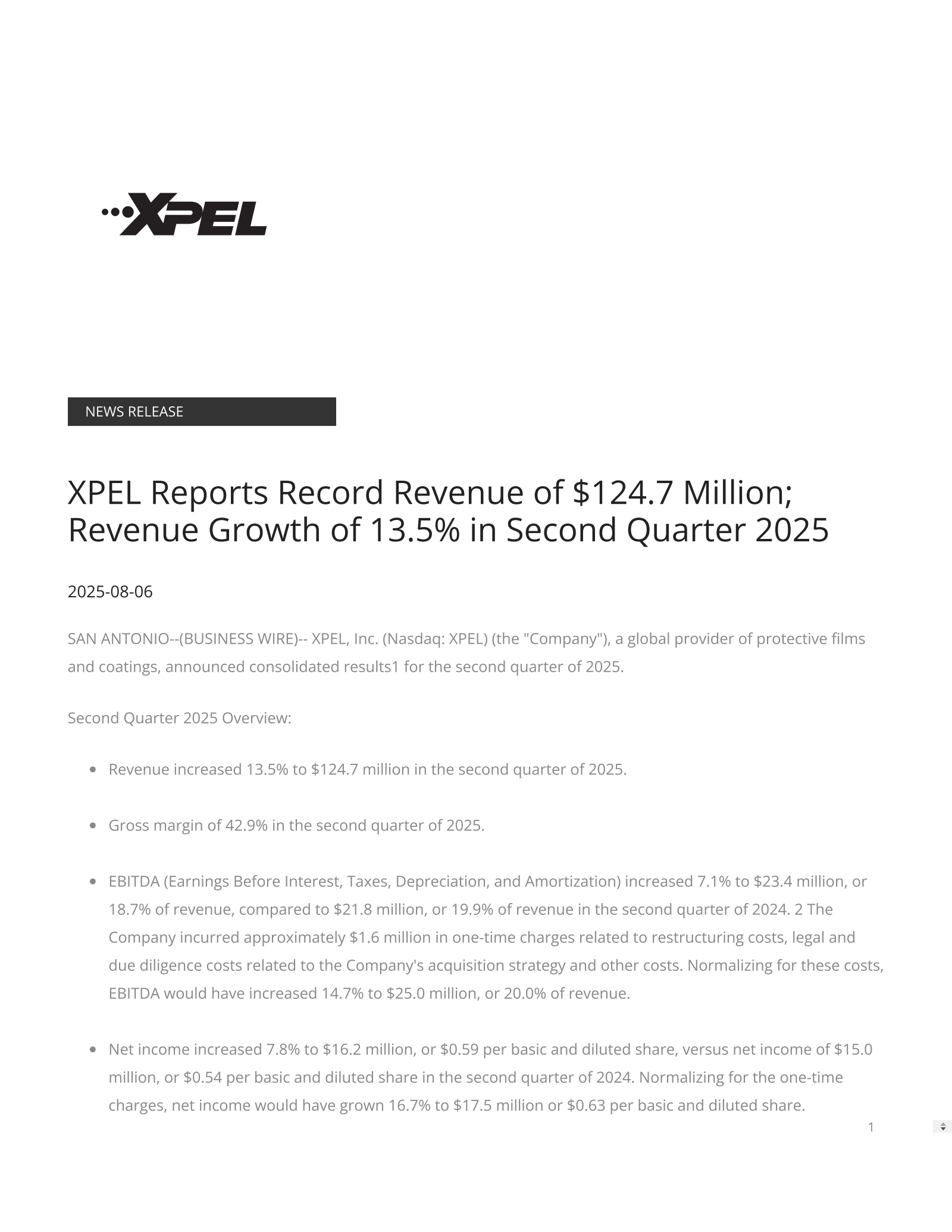 XPEL's Q2 2025 Press Release