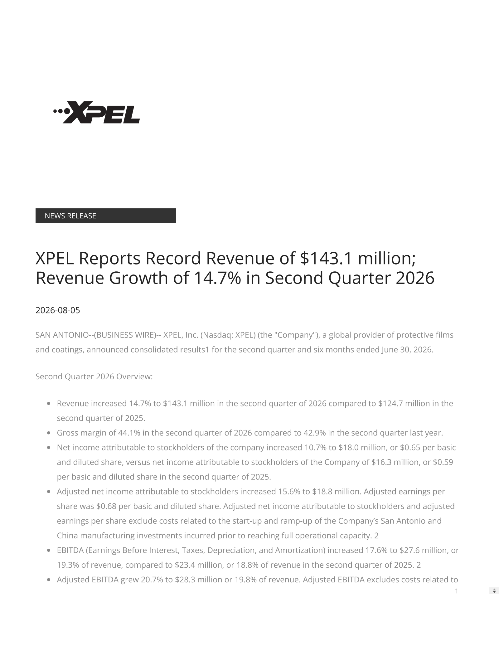 XPEL's Q2 2026 Press Release