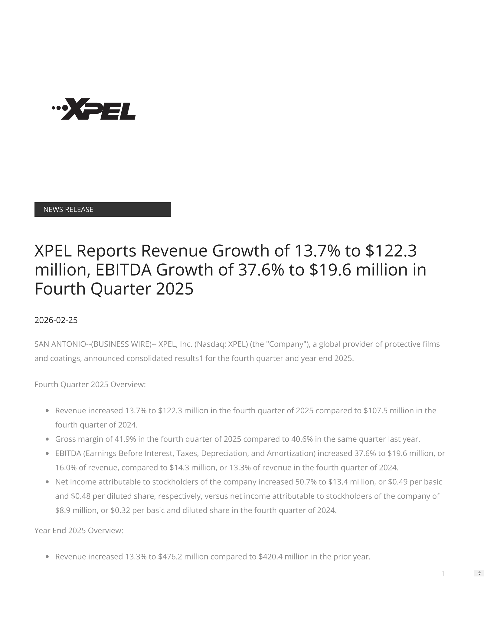 XPEL's Q4 2025 Press Release