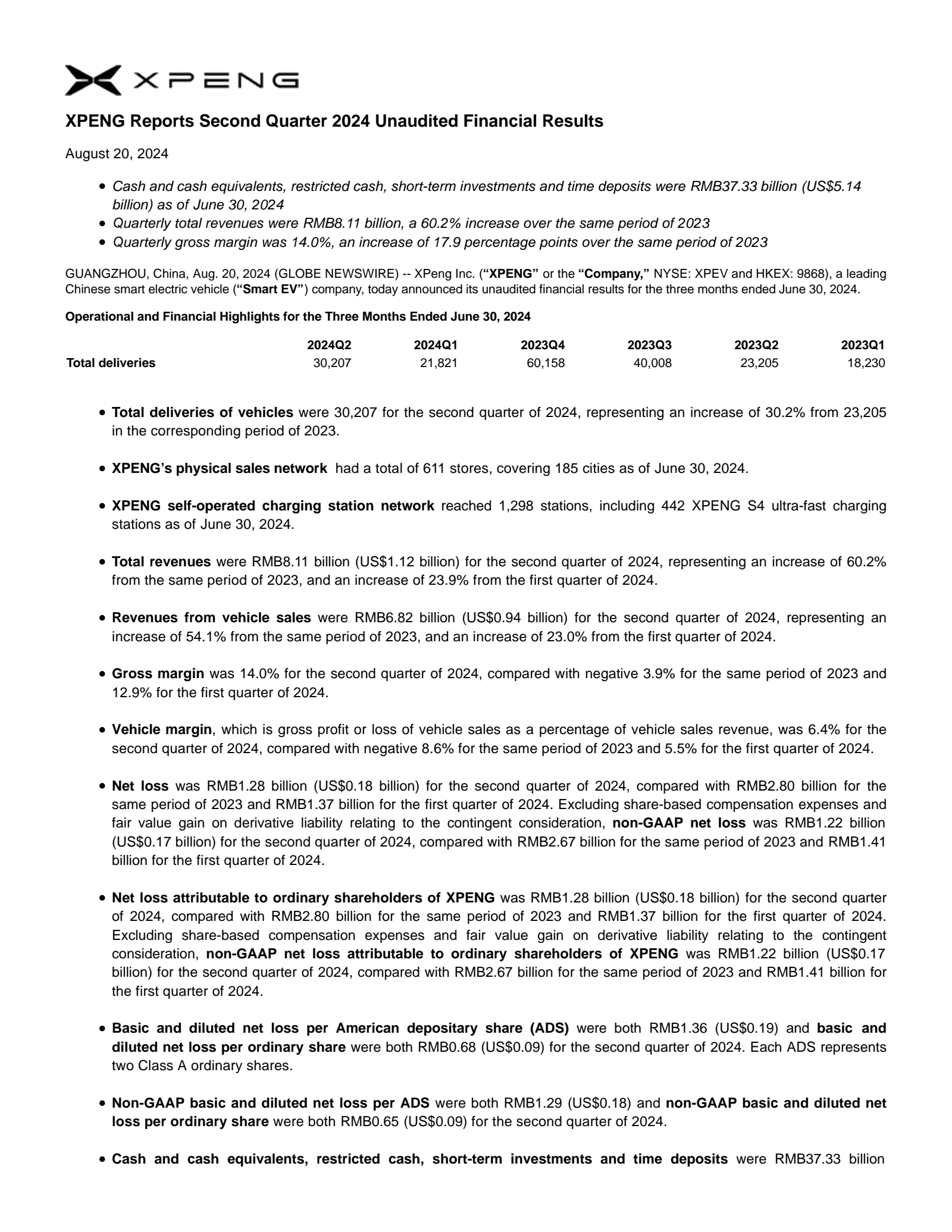 XPeng's Q2 2024 Press Release