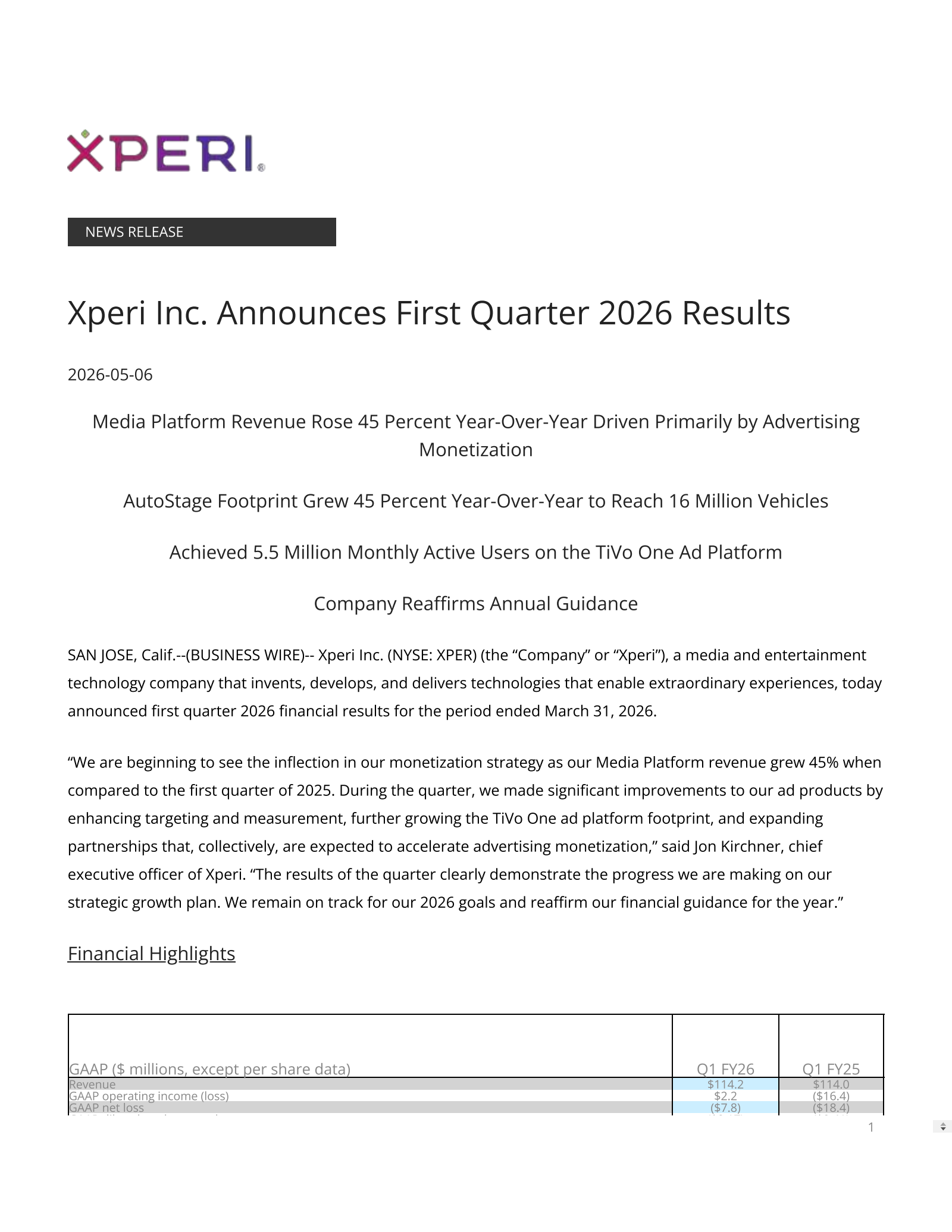 Xperi's Q1 2026 Press Release