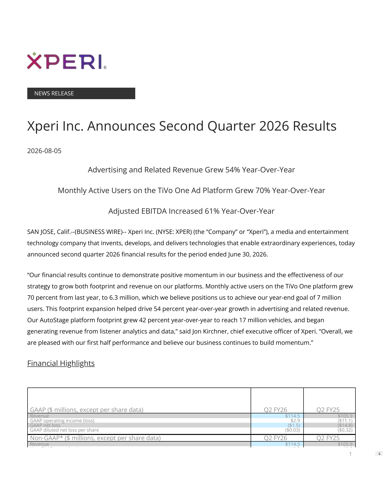 Xperi's Q2 2026 Press Release