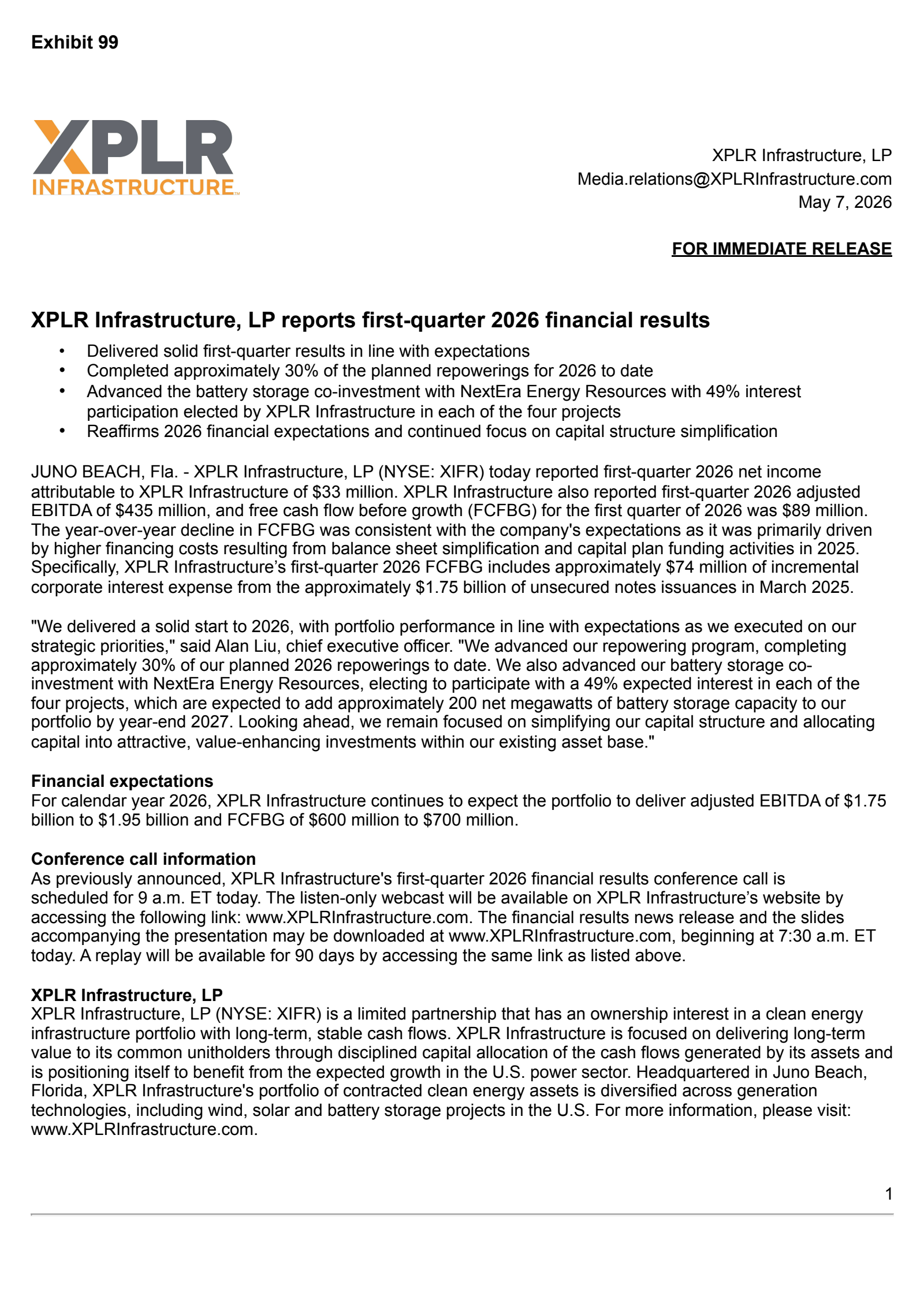 XPLR Infrastructure's Q1 2026 Press Release