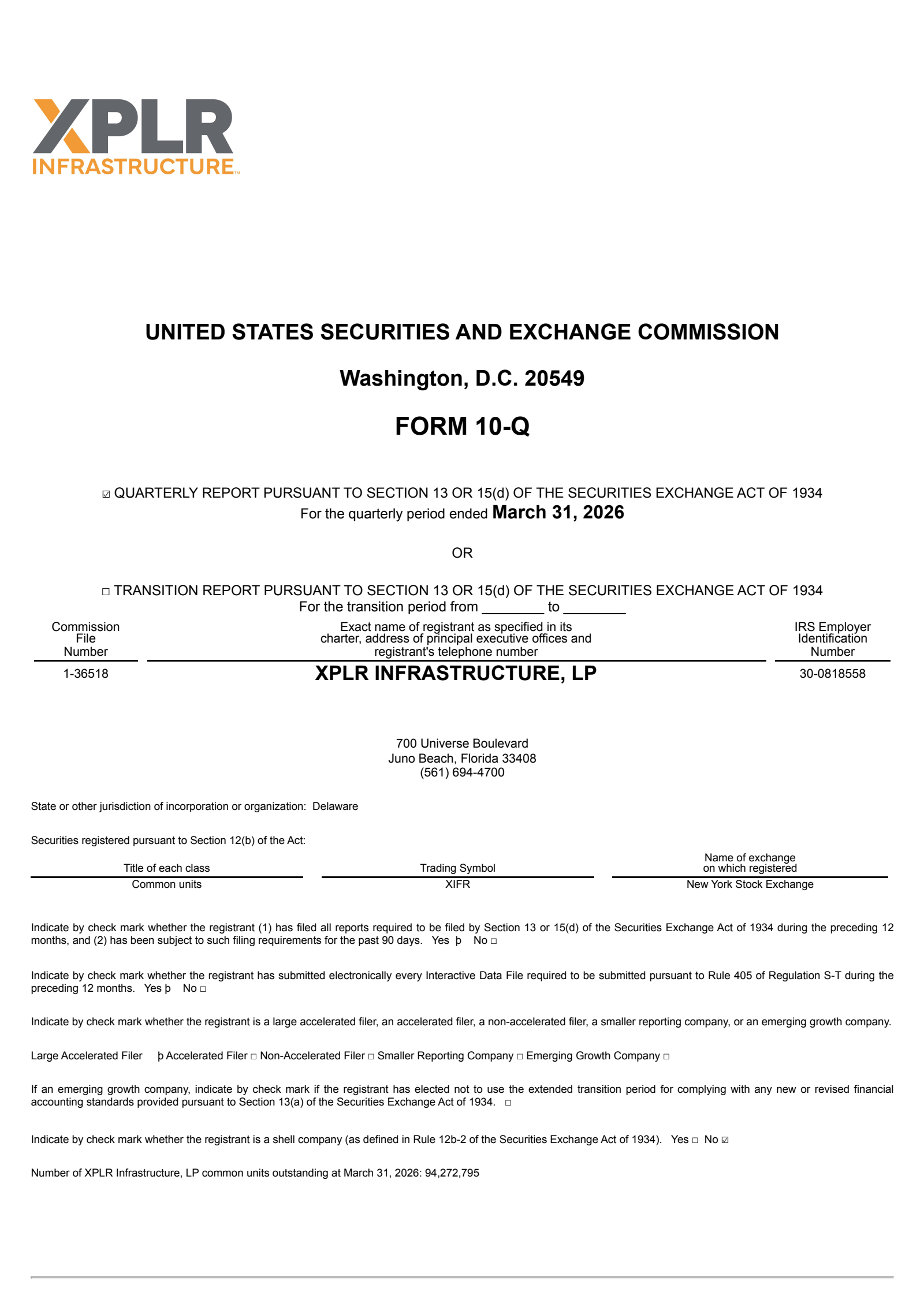 XPLR Infrastructure's Q1 2026 Quarterly report