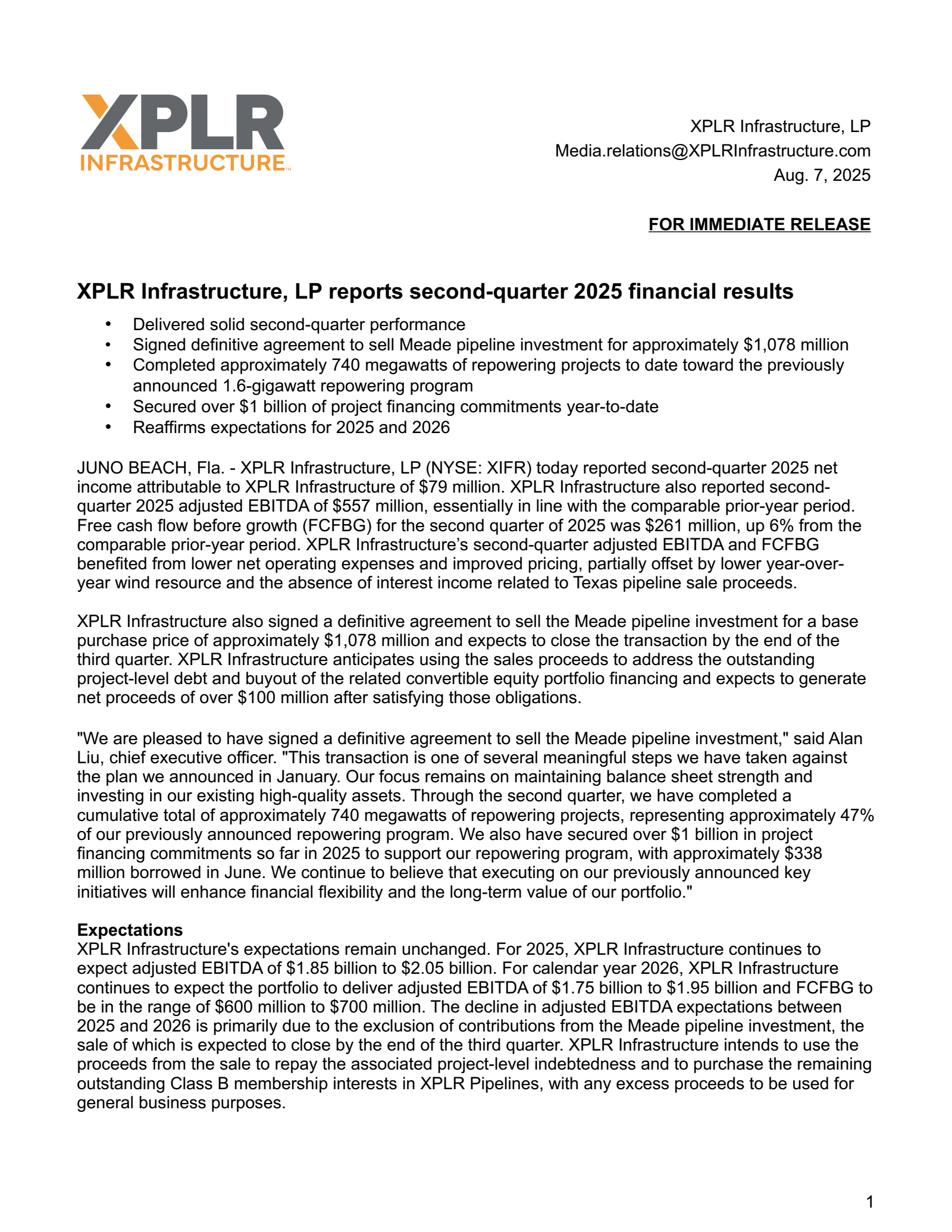 XPLR Infrastructure's Q2 2025 Press Release