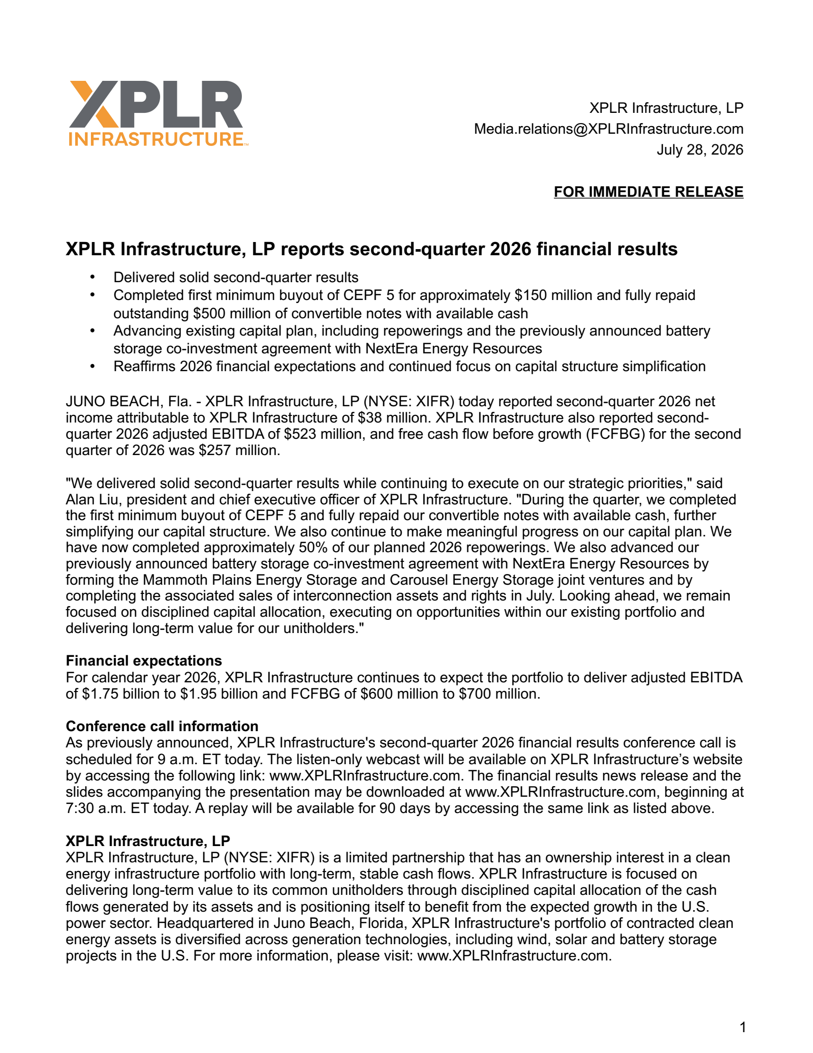 XPLR Infrastructure's Q2 2026 Press Release