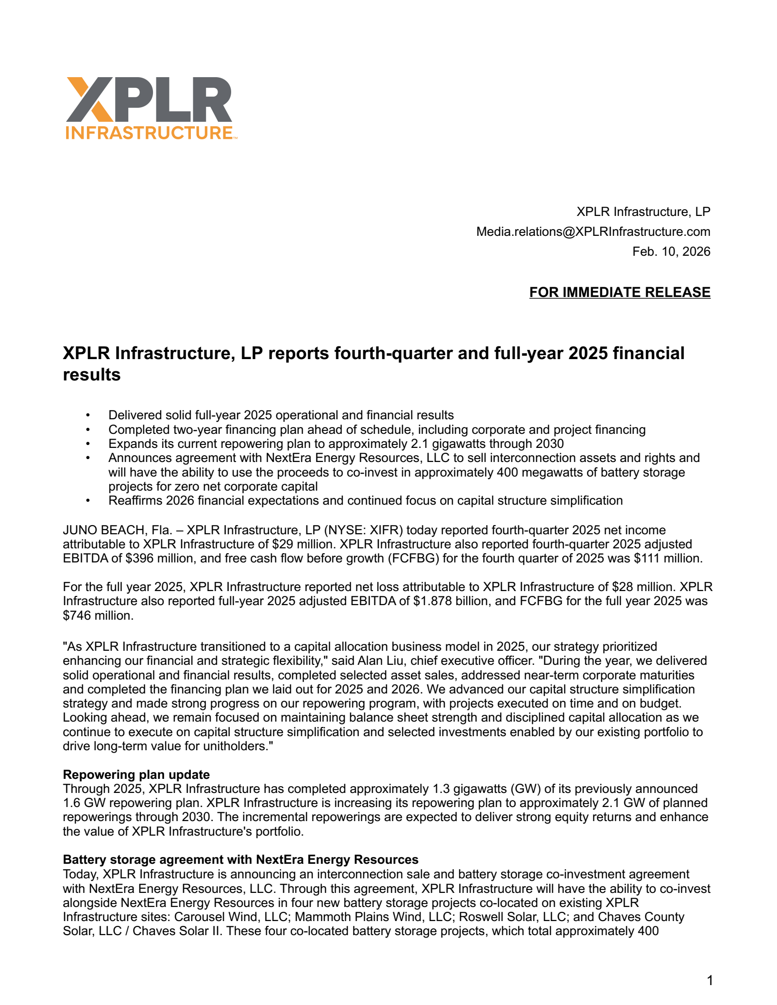 XPLR Infrastructure's Q4 2025 Press Release