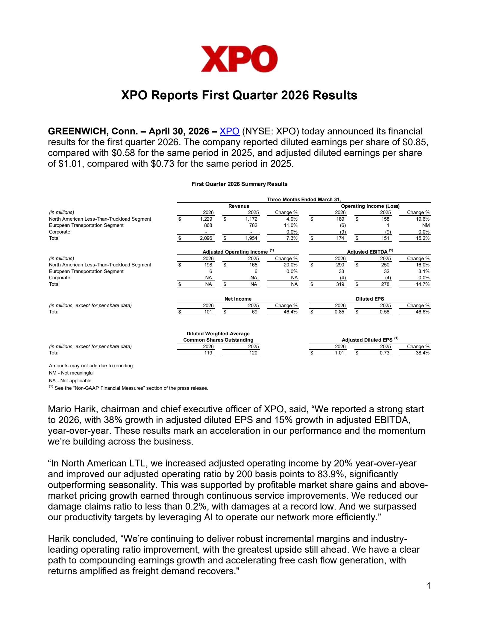 XPO's Q1 2026 Press Release