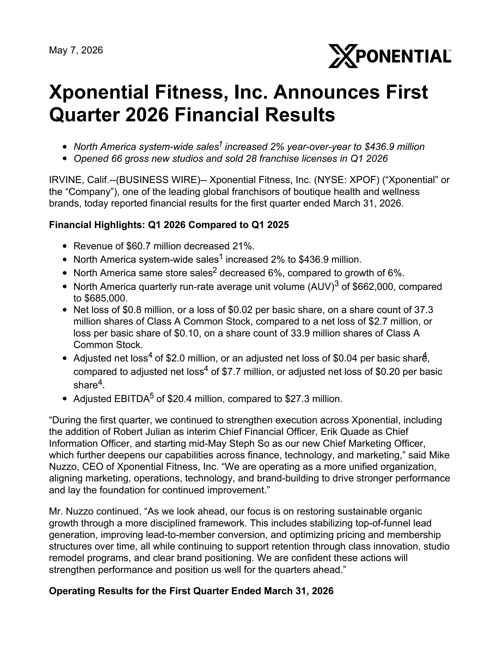 Xponential Fitness' Q1 2026 Press Release