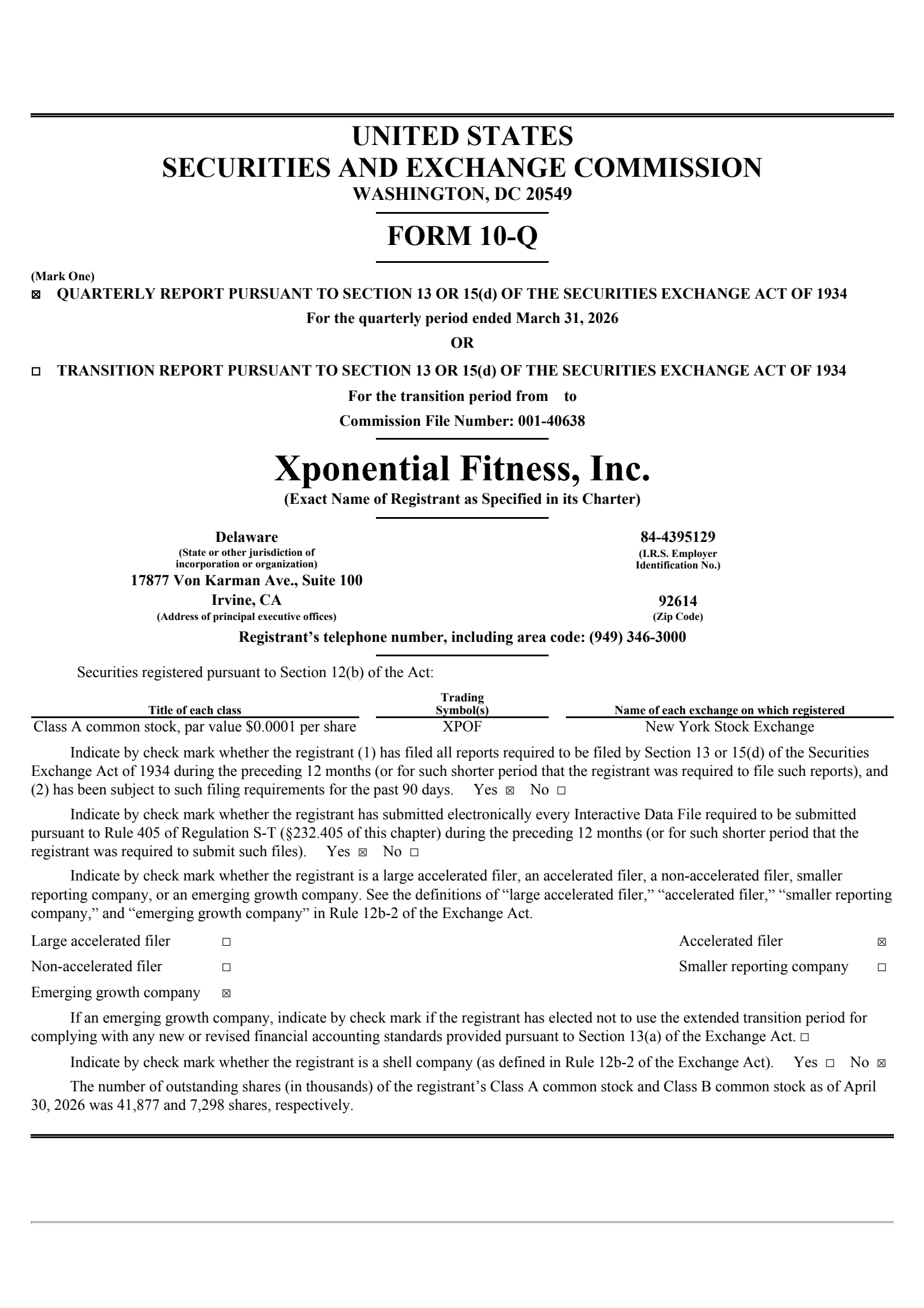 Xponential Fitness' Q1 2026 Quarterly report