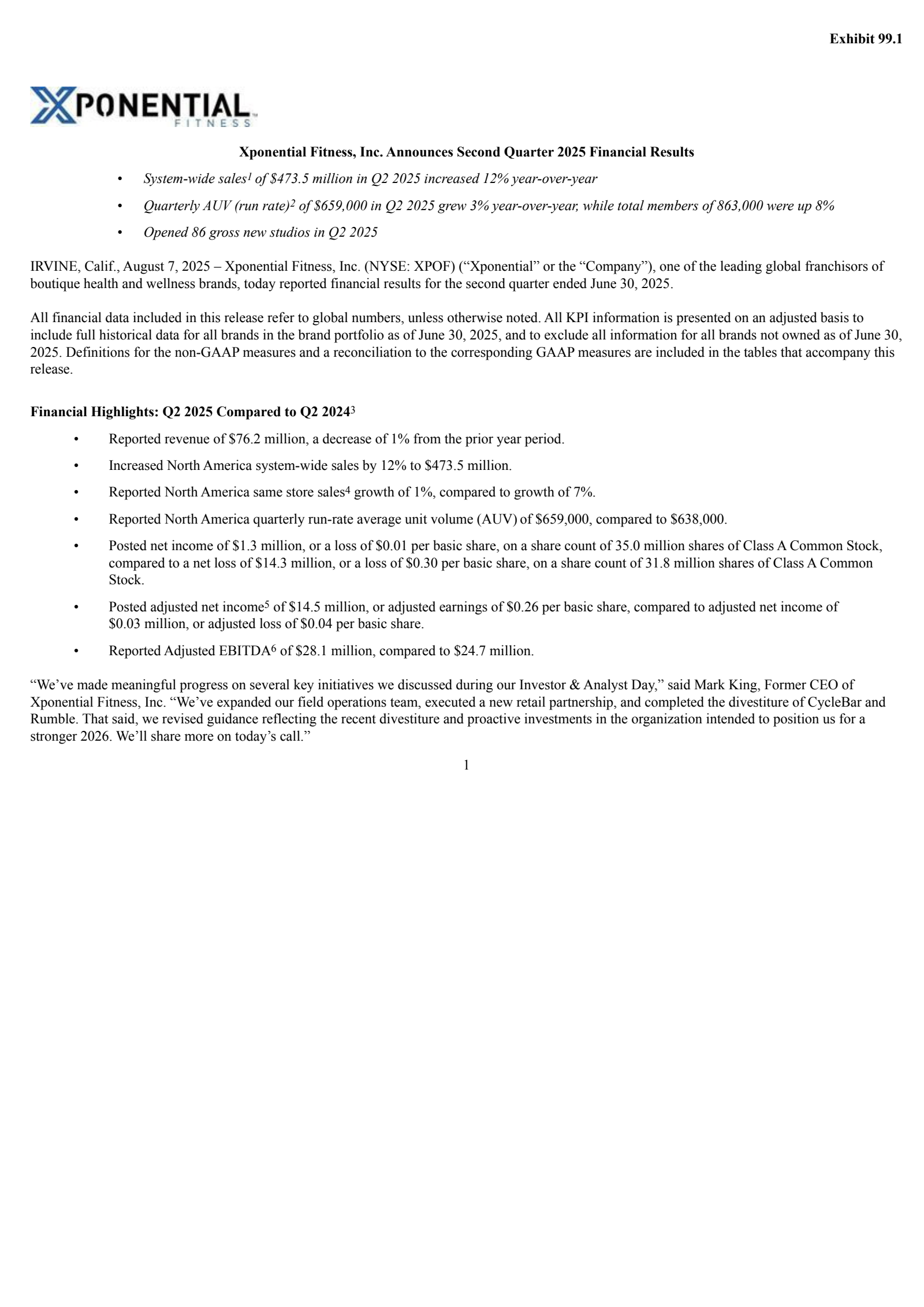 Xponential Fitness' Q2 2025 Press Release