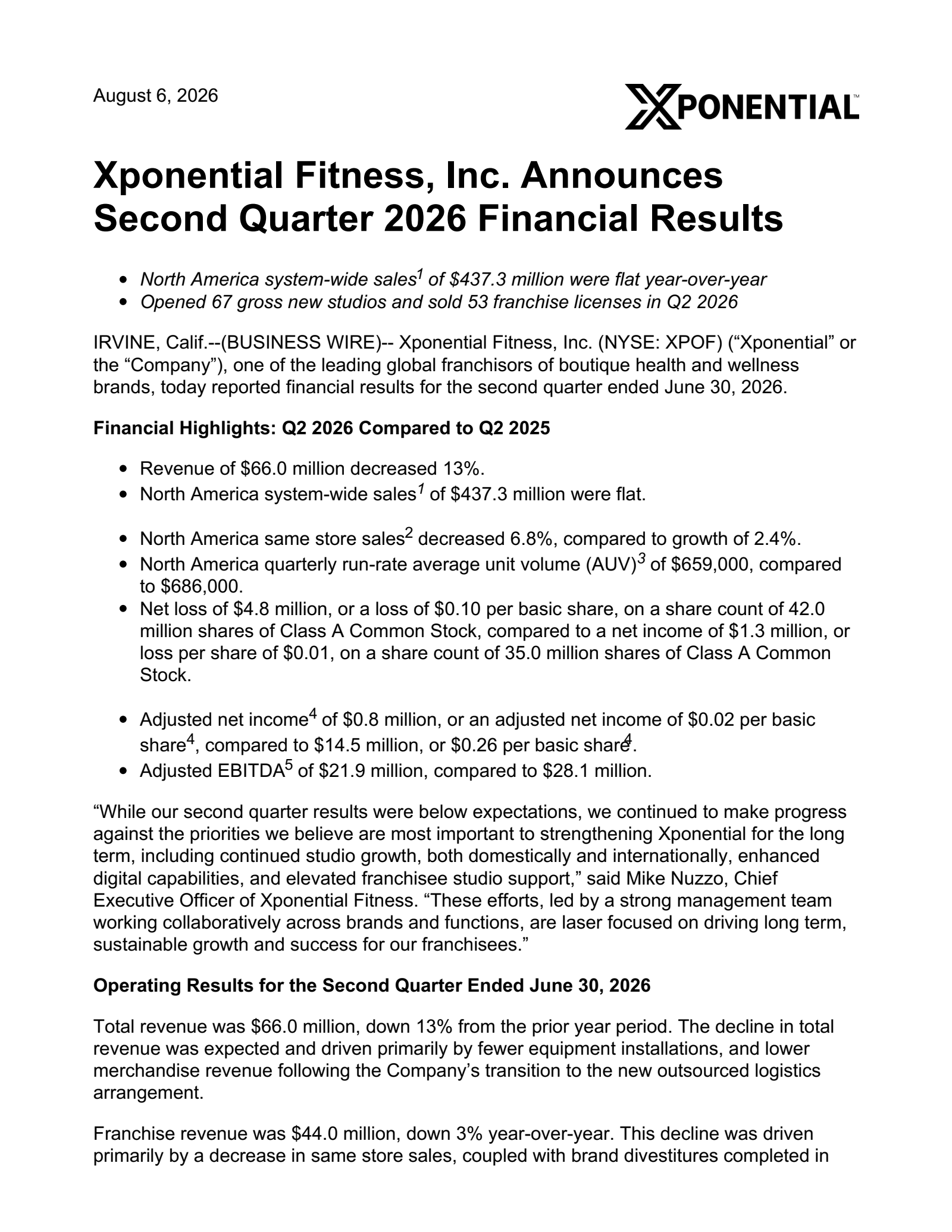 Xponential Fitness' Q2 2026 Press Release