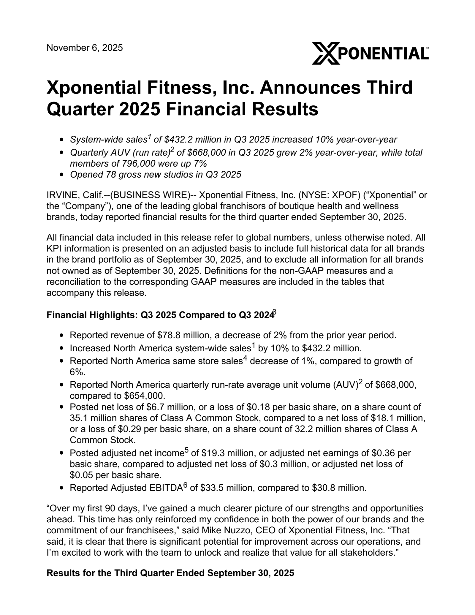 Xponential Fitness' Q3 2025 Earnings Release