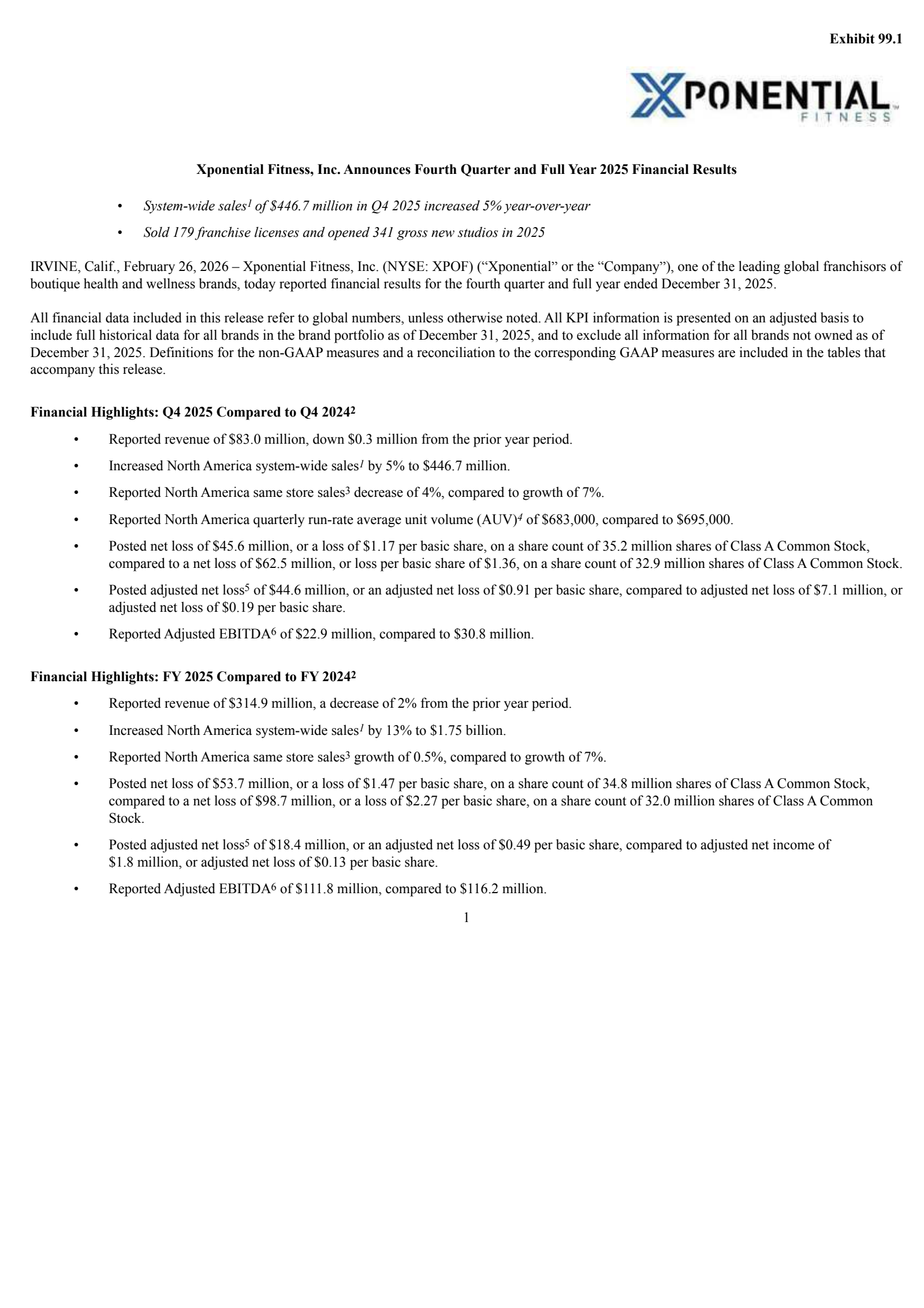 Xponential Fitness' Q4 2025 Press Release
