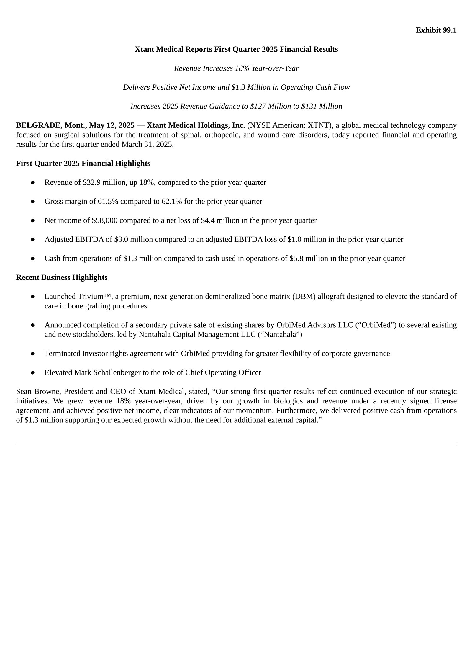 Xtant Medical's Q1 2025 Press Release