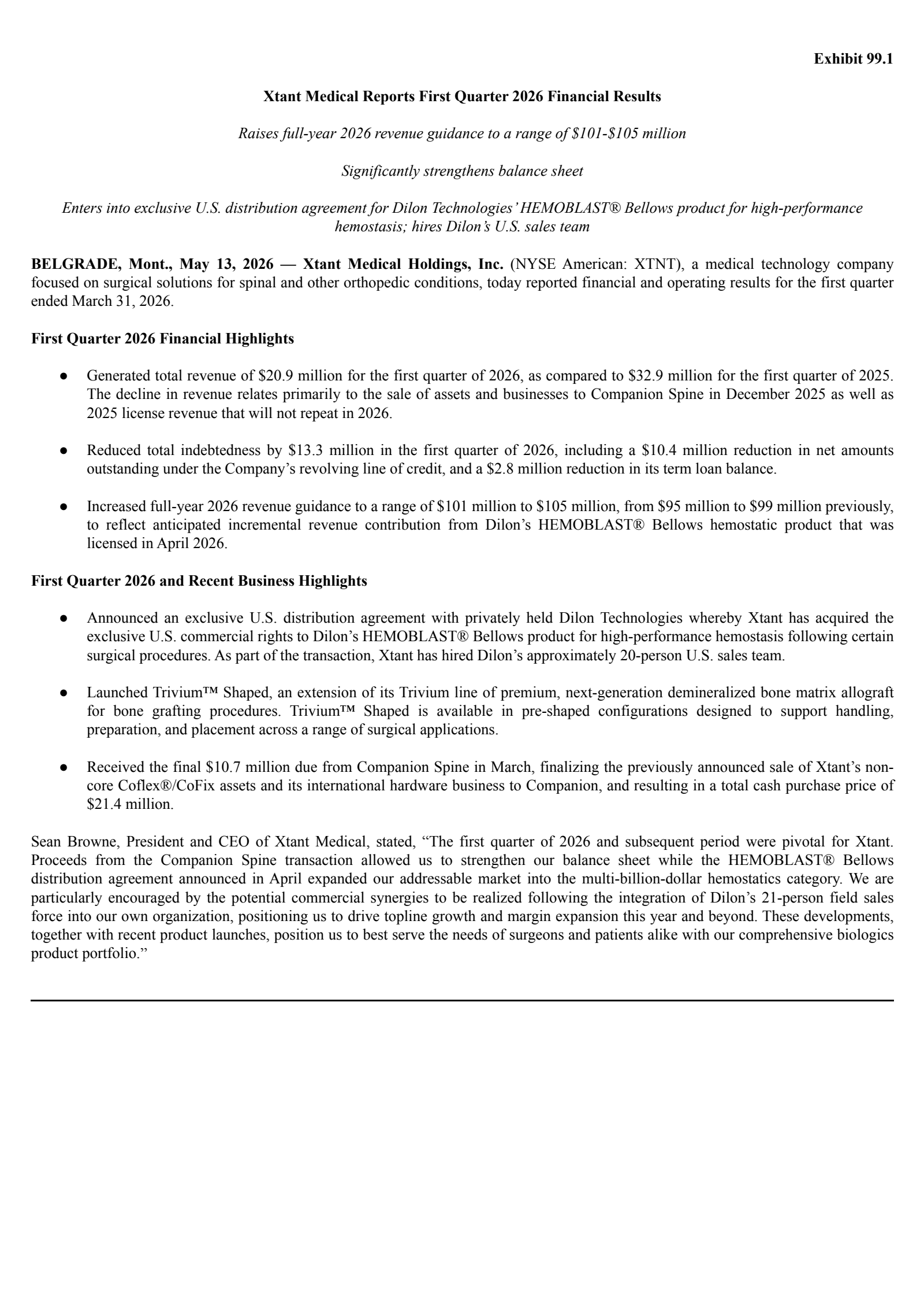 Xtant Medical's Q1 2026 Press Release