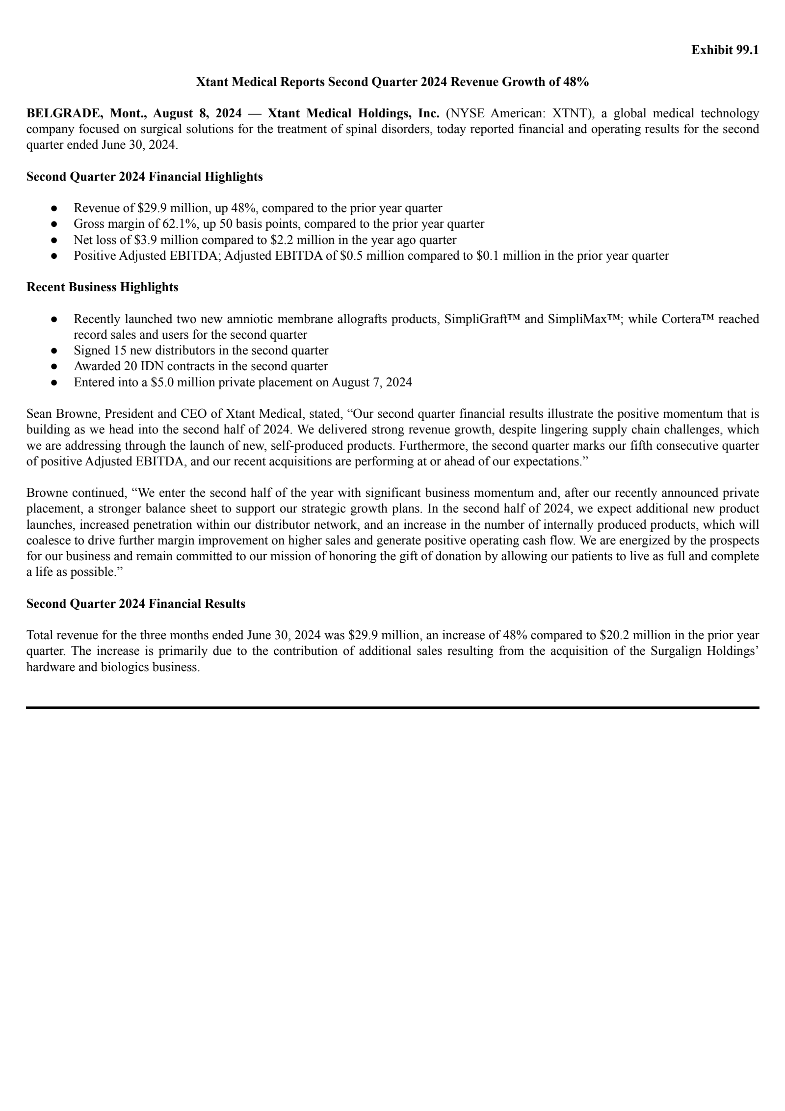 Xtant Medical's Q2 2024 Press Release