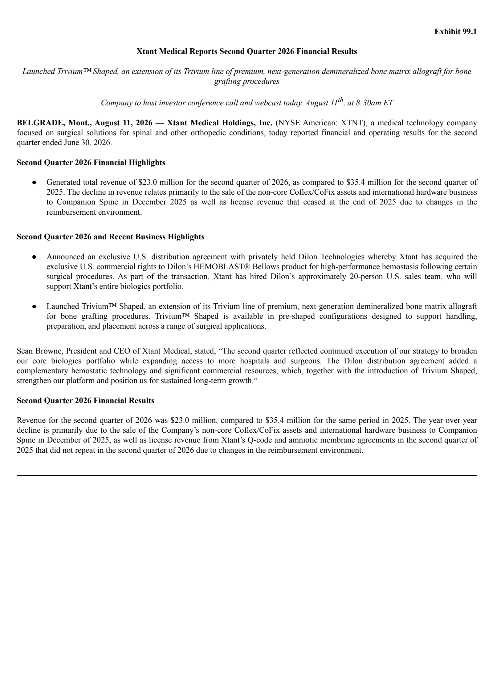 Xtant Medical's Q2 2026 Press Release