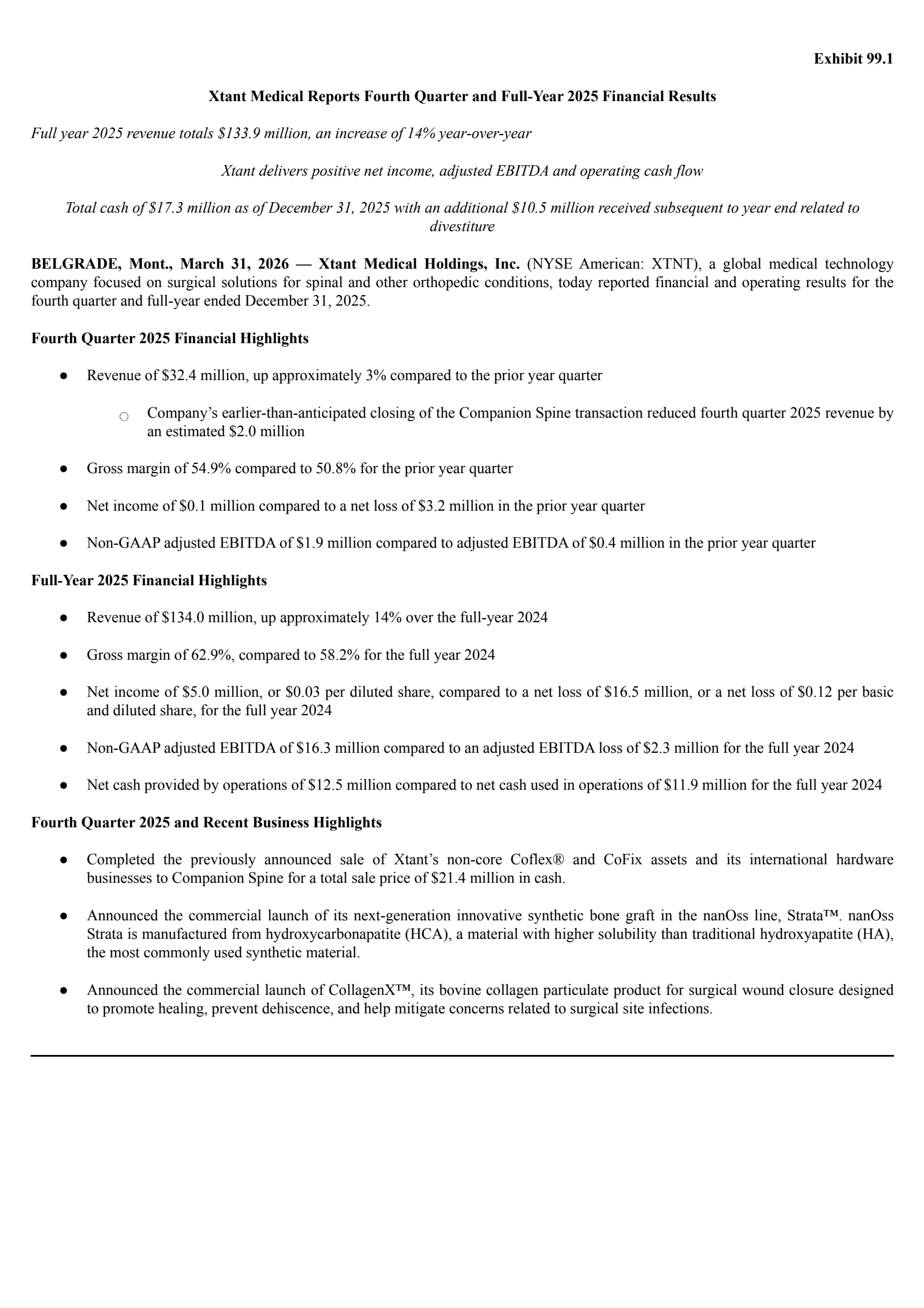 Xtant Medical's Q4 2025 Press Release