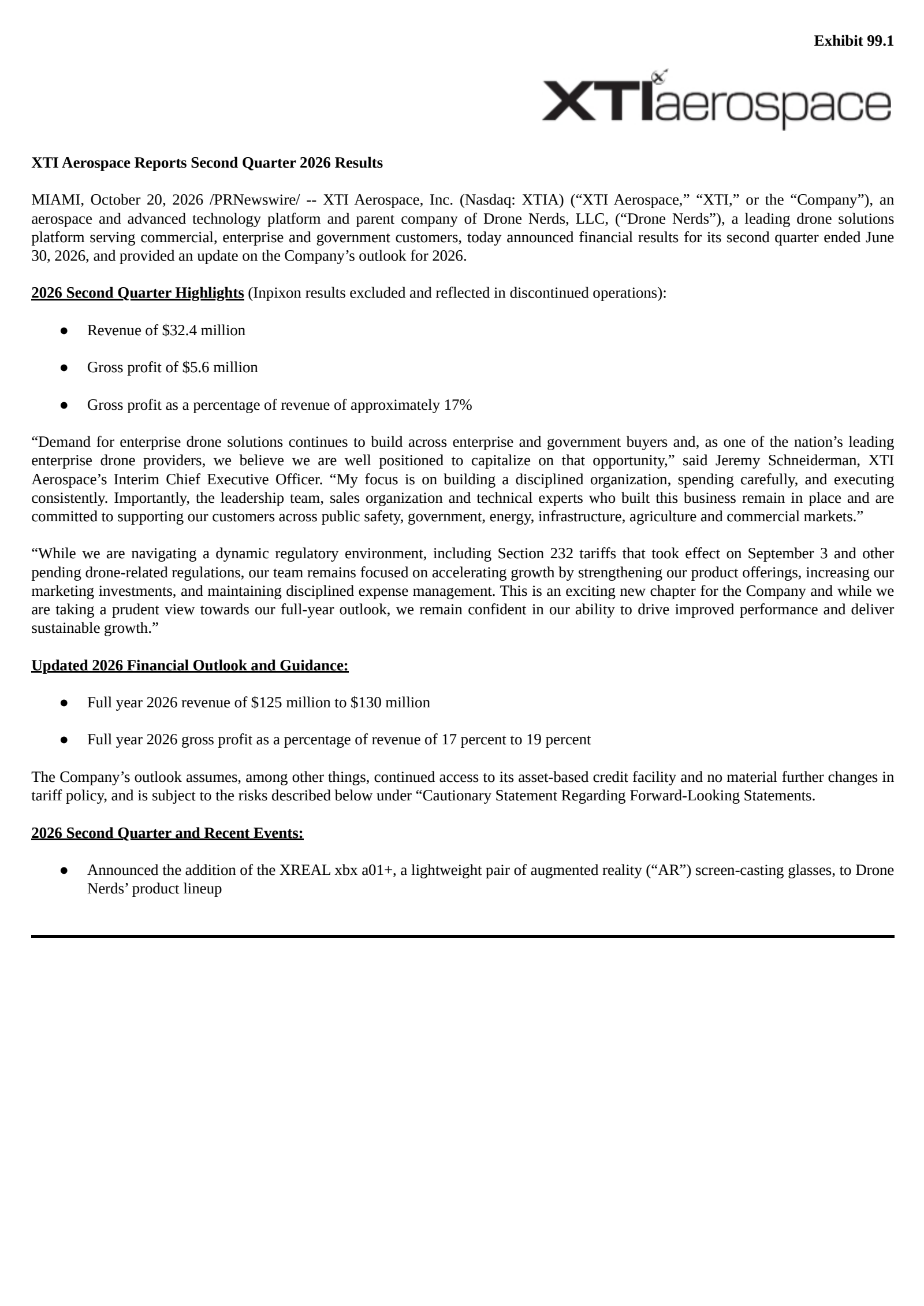 XTI Aerospace's Q2 2026 Press Release