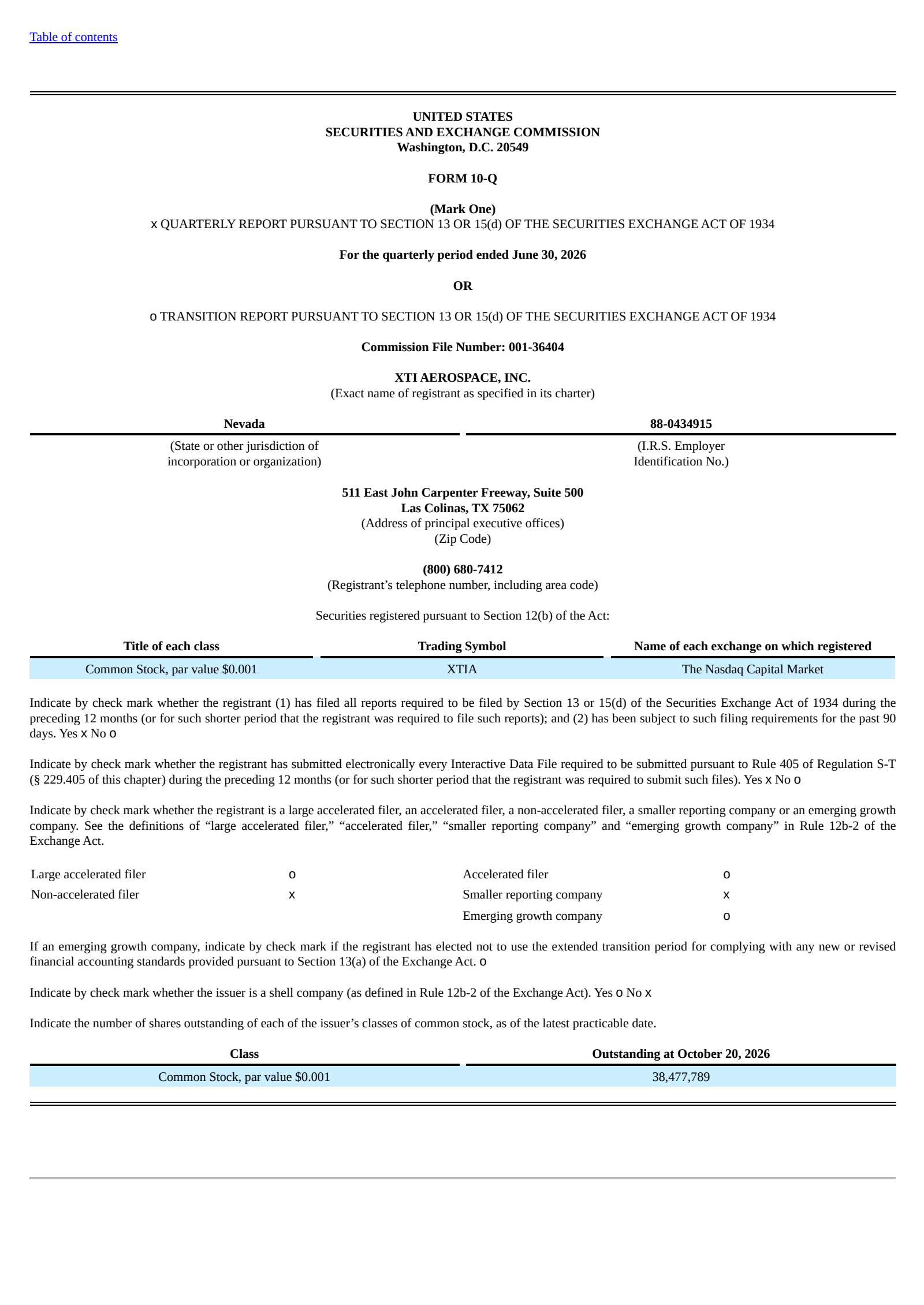 XTI Aerospace's Q2 2026 Quarterly report