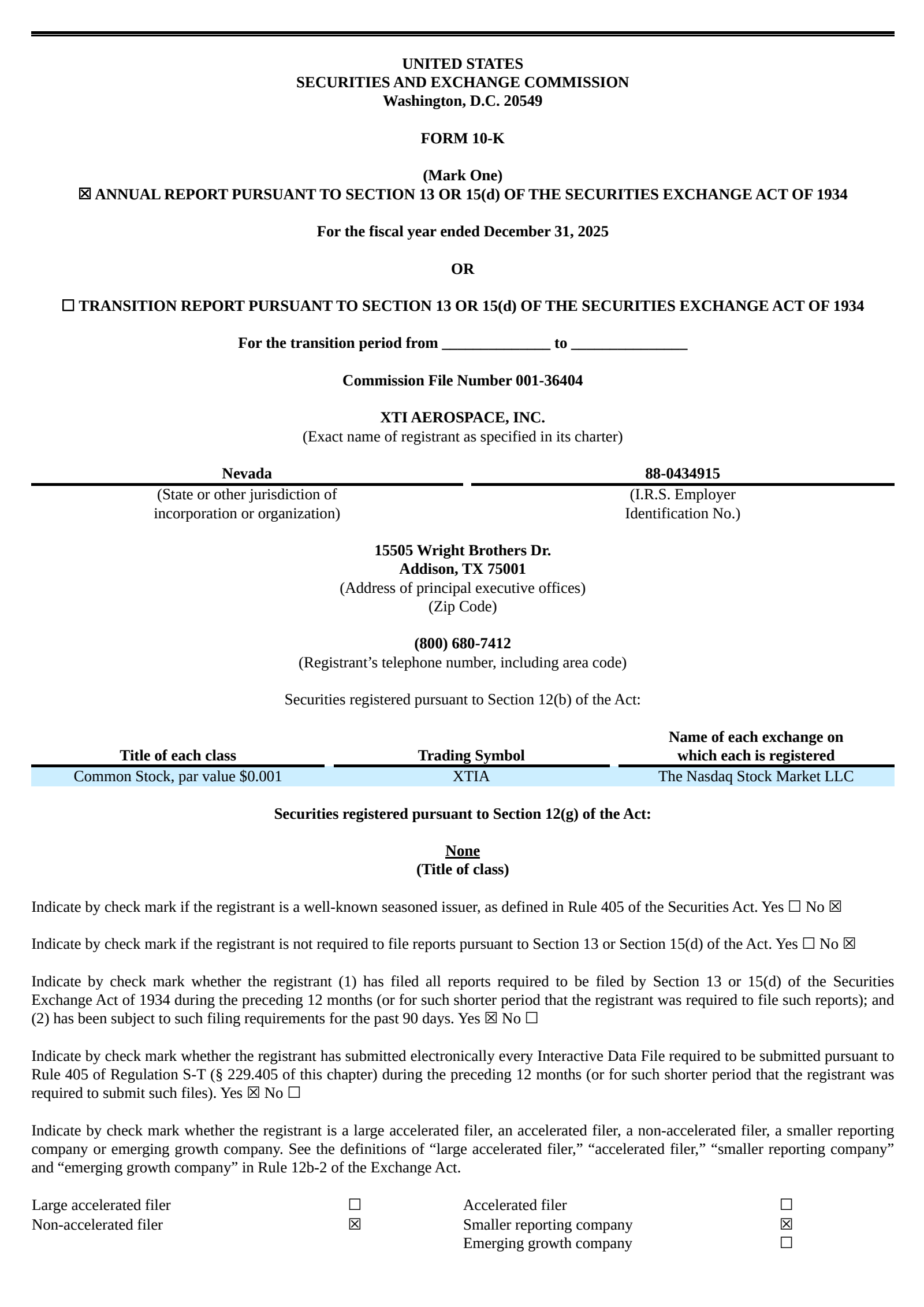 XTI Aerospace's Q4 2025 Annual report