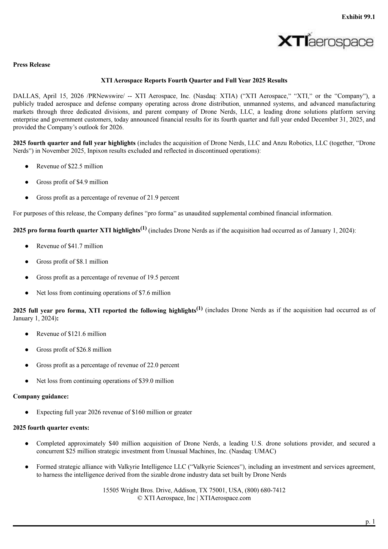 XTI Aerospace's Q4 2025 Press Release
