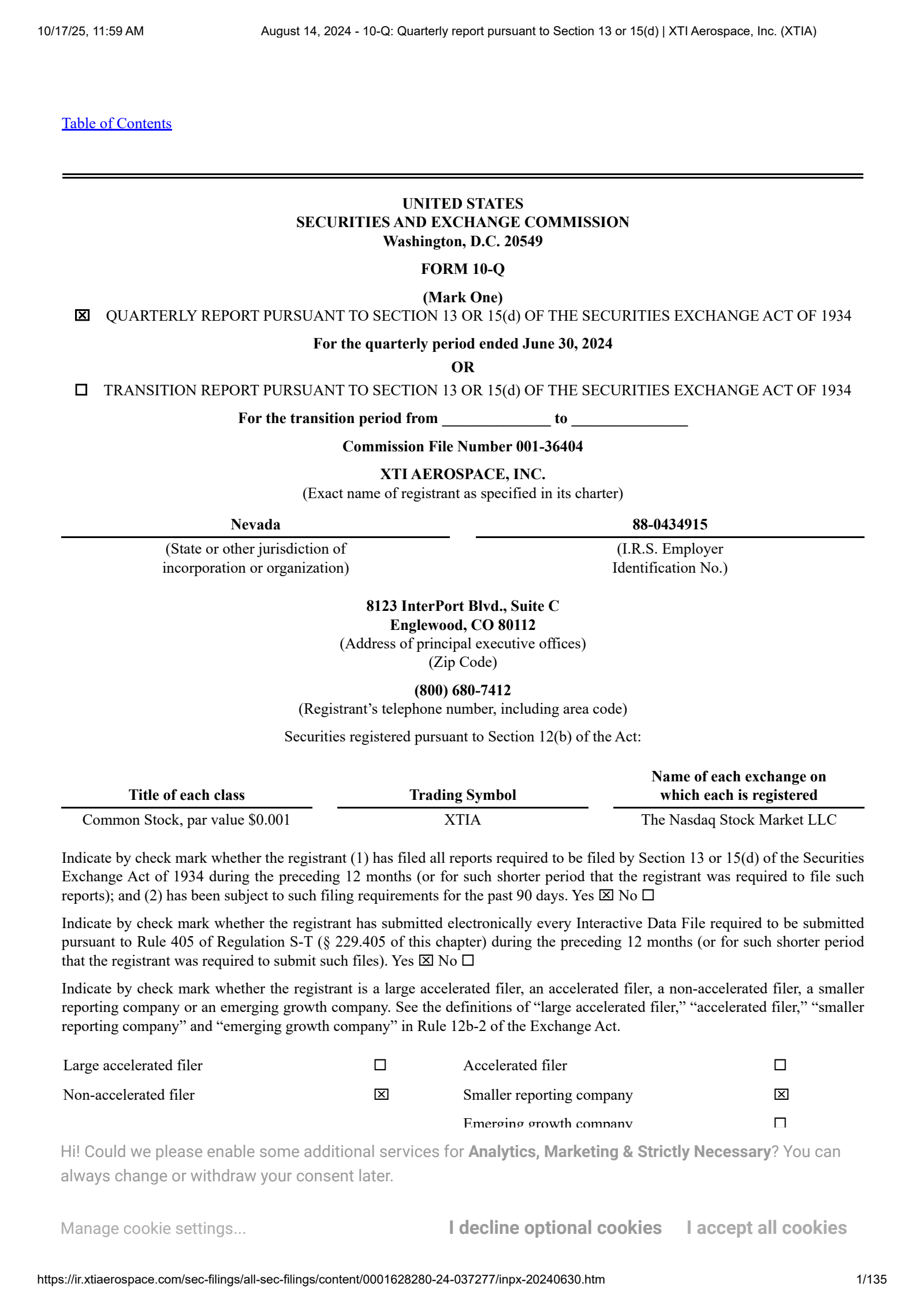 XTI Aerospace's Q2 2024 Quarterly Report