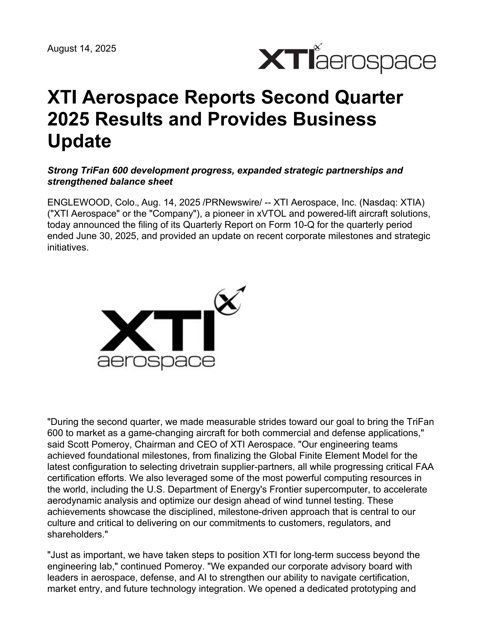 XTI Aerospace's Q2 2025 Press Release